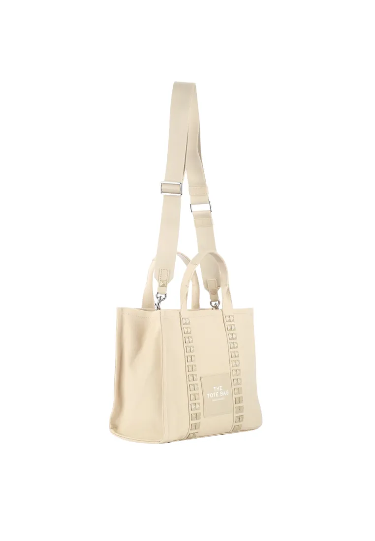 ( AS IS ) Marc Jacobs The Studded Medium Tote Bag Top Handle In Beige H071M12FA22