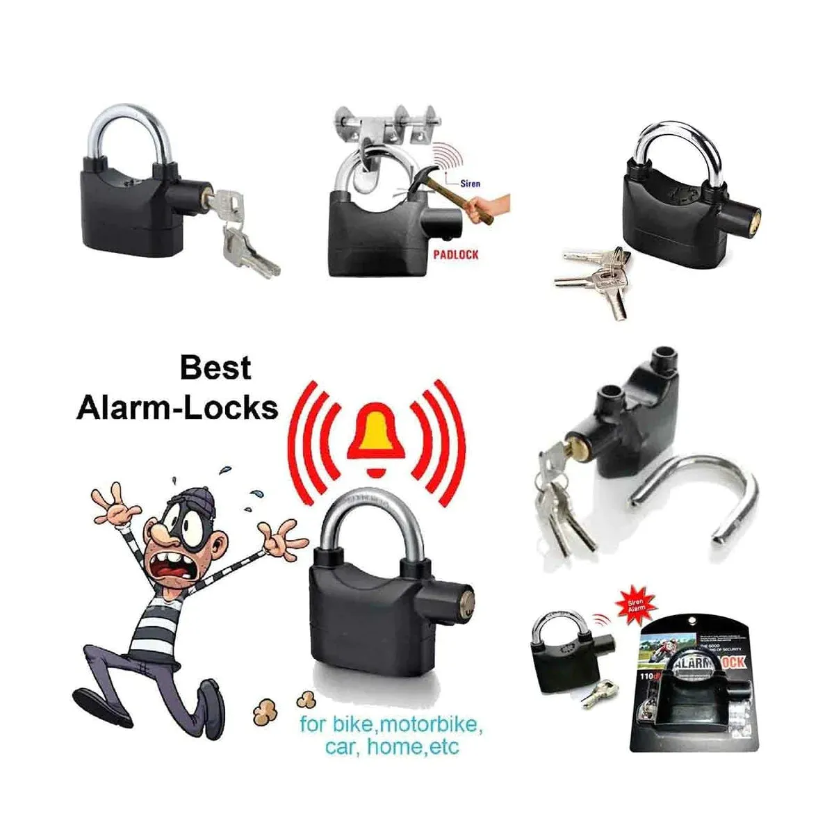 0185a Security Alarm Lock System | Waterproof Black Anti-theft Siren 110dba alarm anti Padlock FoR Bike|Door Window|Battery  padlock