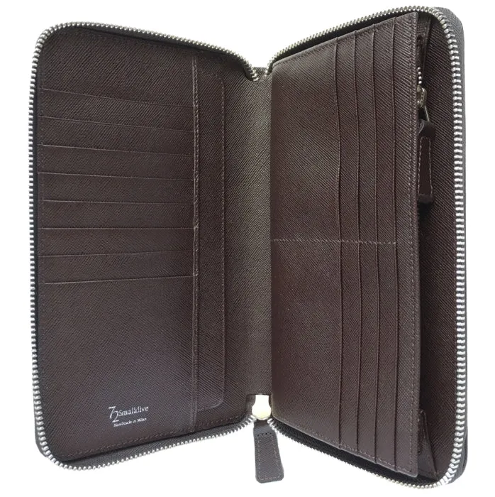 16 Credit Card Saffiano Organizer Zipped Wallet Brown