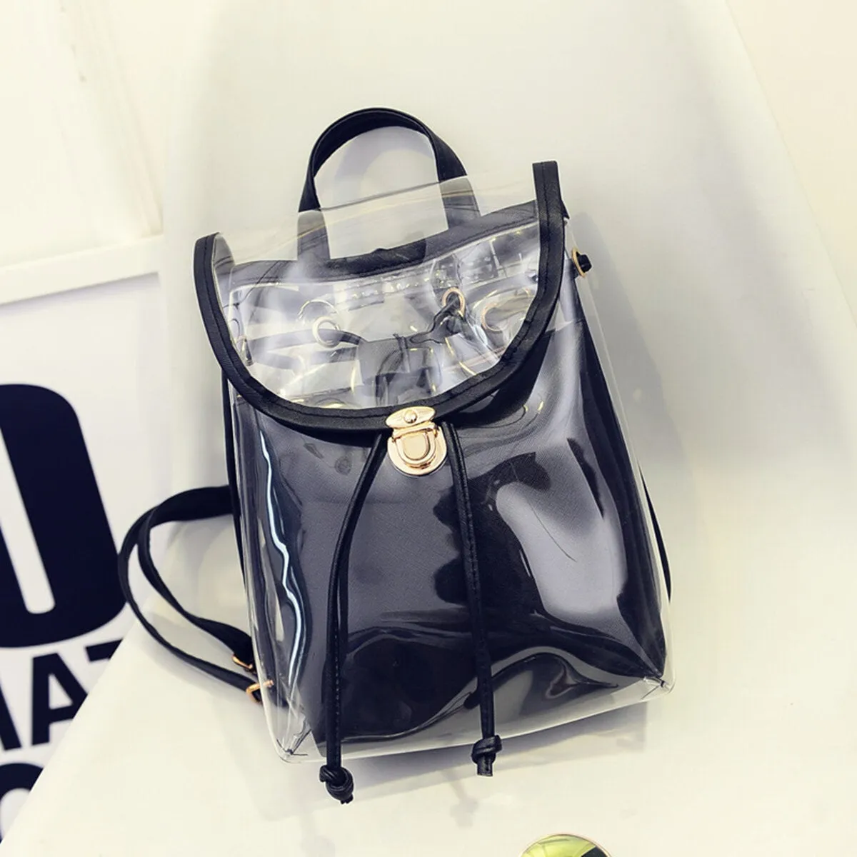 2 in 1 Clear Girl Transparent Fashison Backpack Satchel Women Jelly Beach Tote School