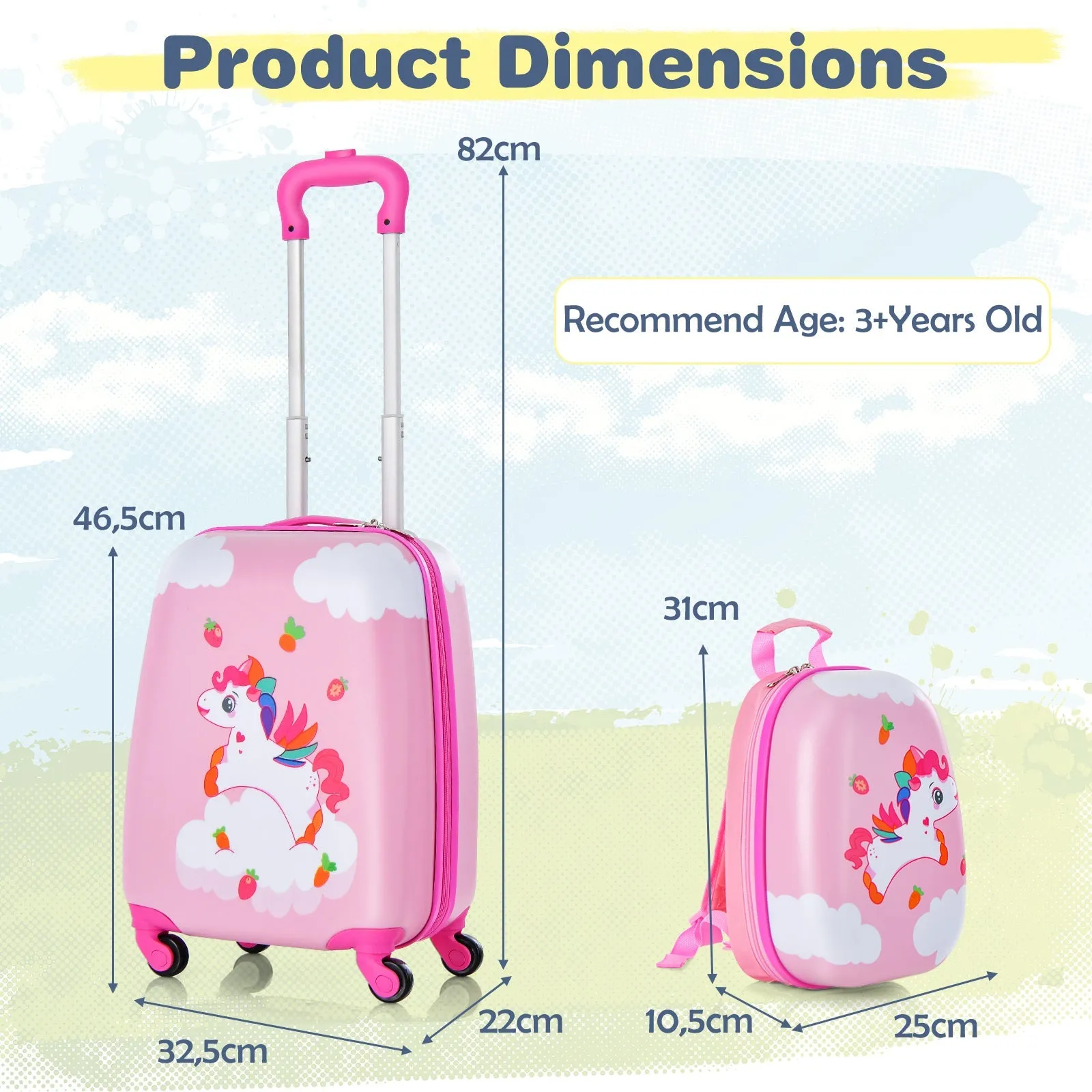 2 Pieces Kids Luggage Set with Wheels and Height Adjustable Handle-Cream Pink