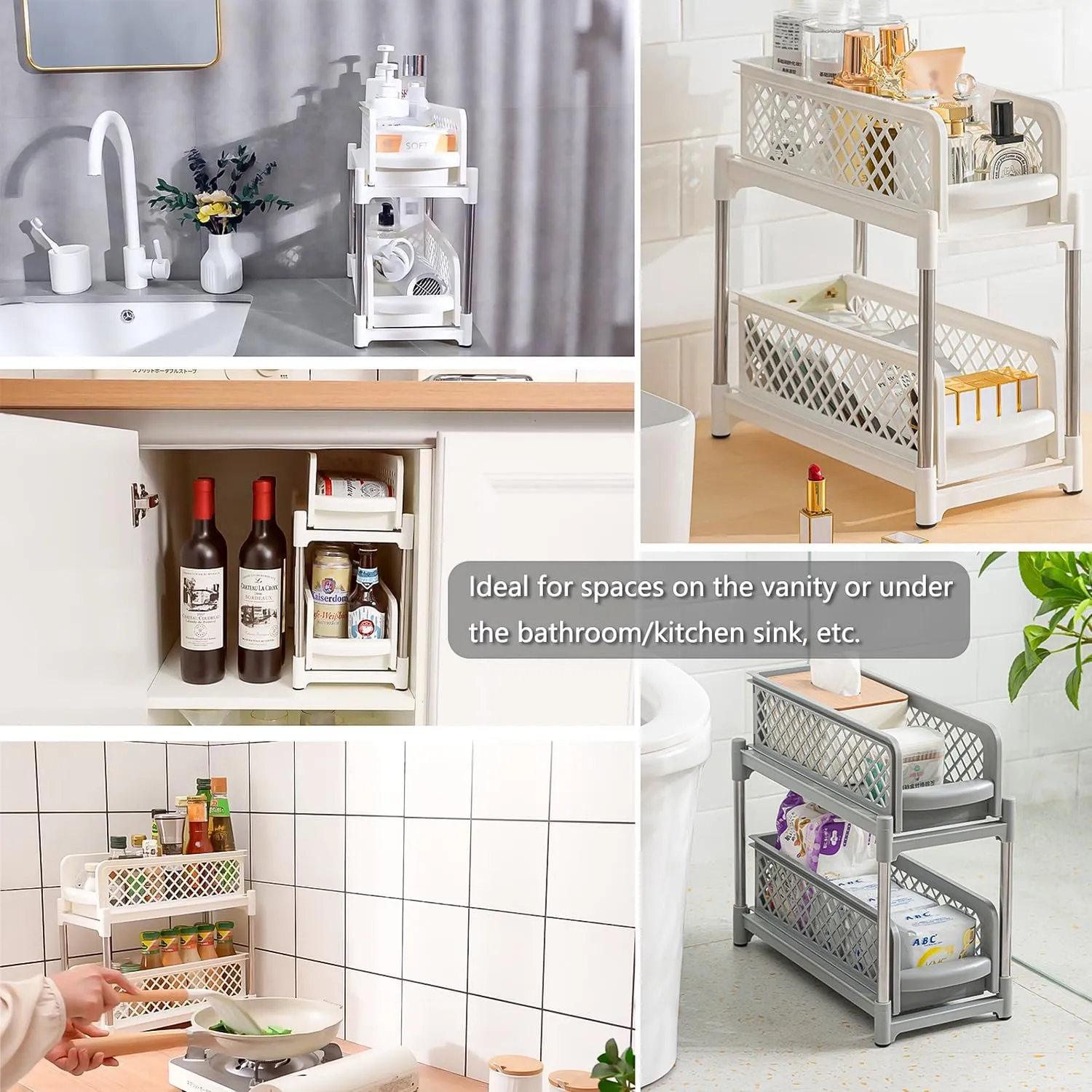 2 Tier Bathroom Kitchen Countertop Pull Out Cabinet Organizer