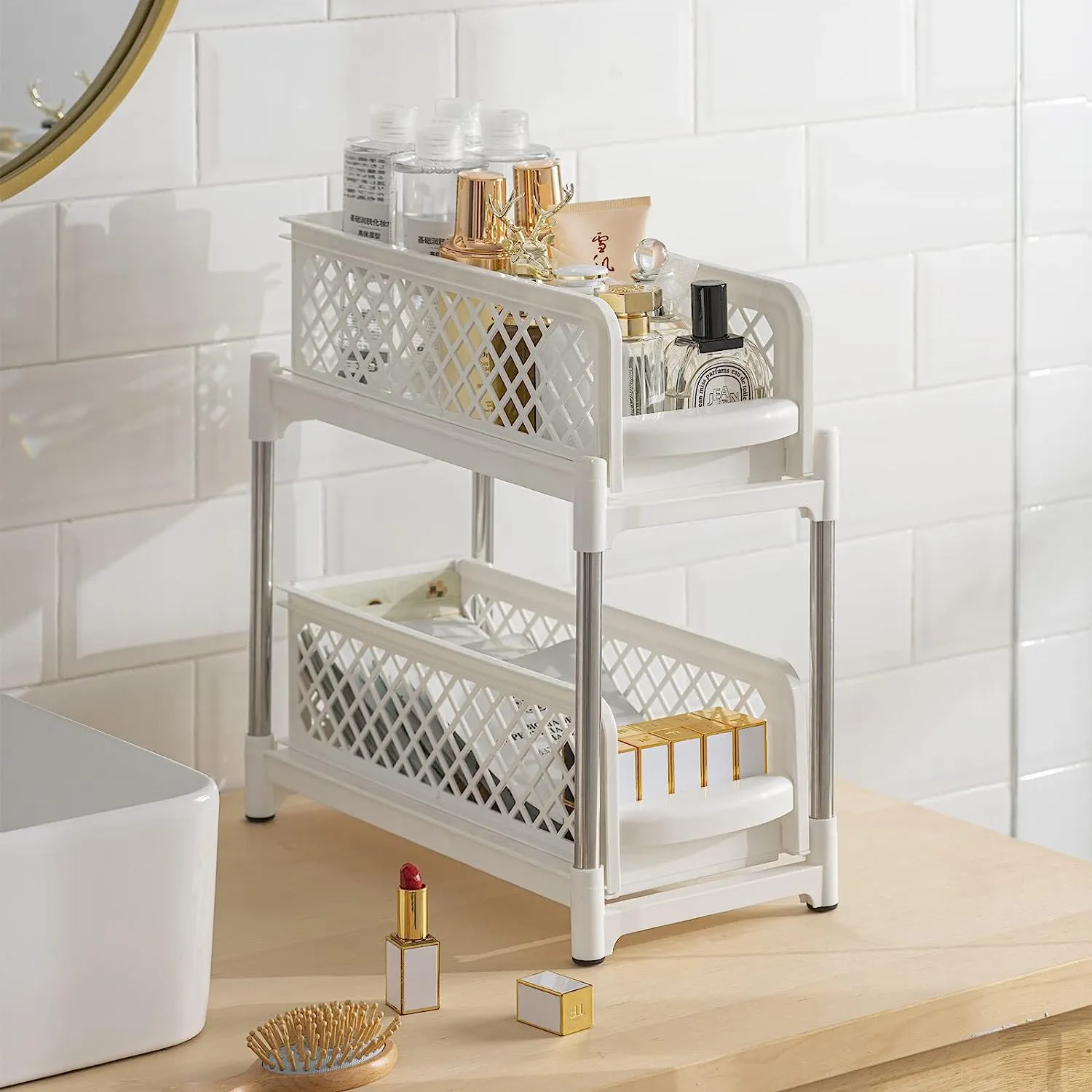 2 Tier Bathroom Kitchen Countertop Pull Out Cabinet Organizer