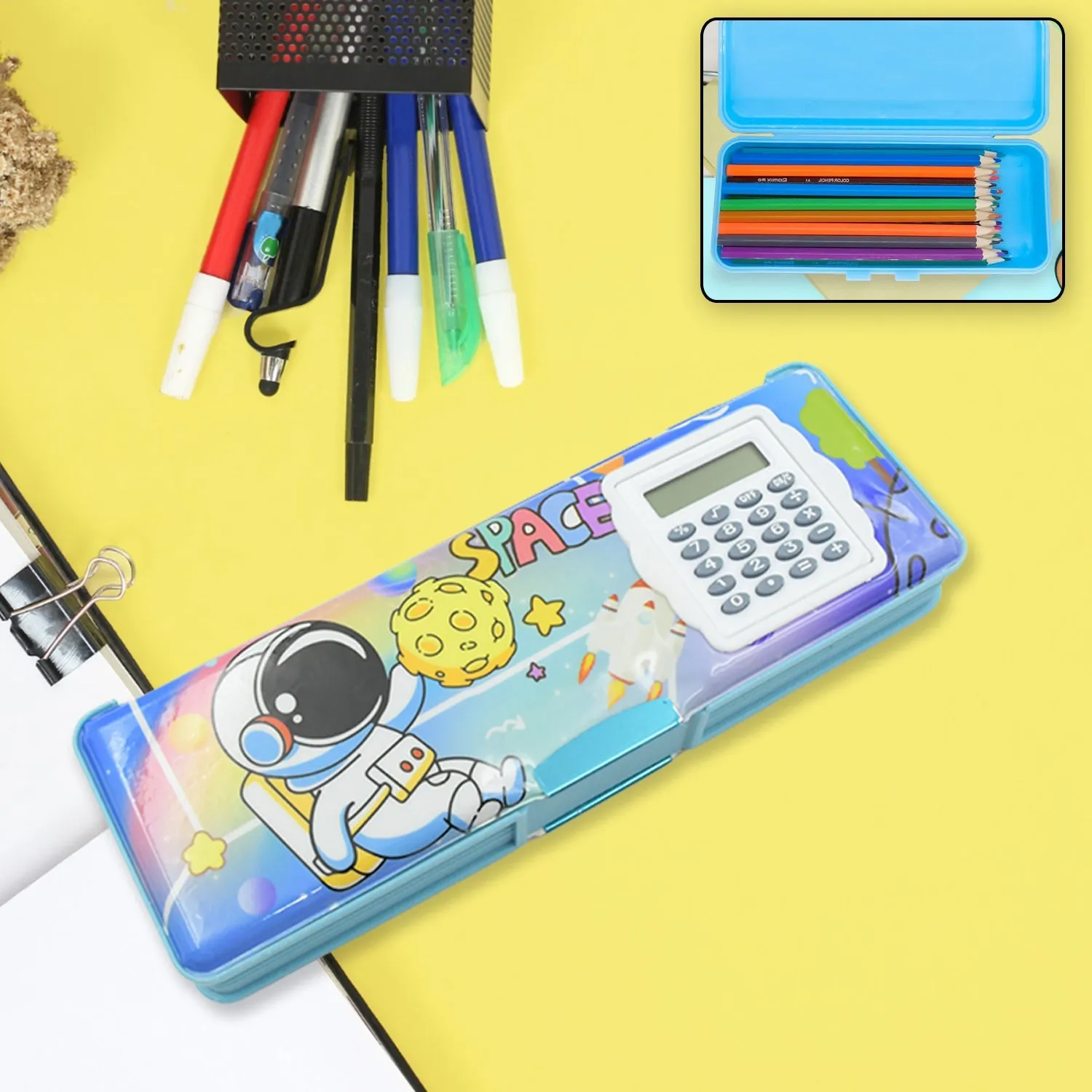 4257 Double Sided Magnetic Geometry Box, Pencil Box with Calculator for Boys Art Plastic Pencil Box  for Girls and Boys