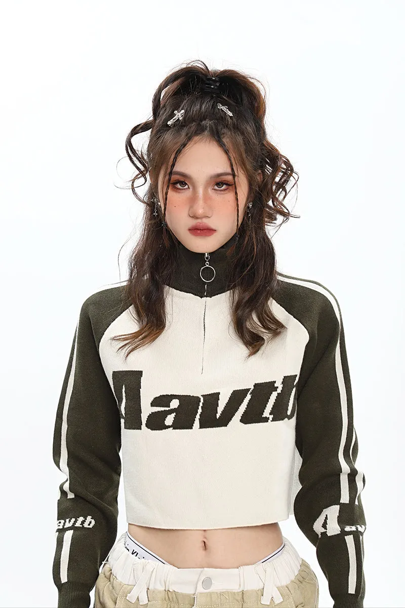 Aavtb Graphic Letter Long Sleeve Knitted Cropped Sweater Top