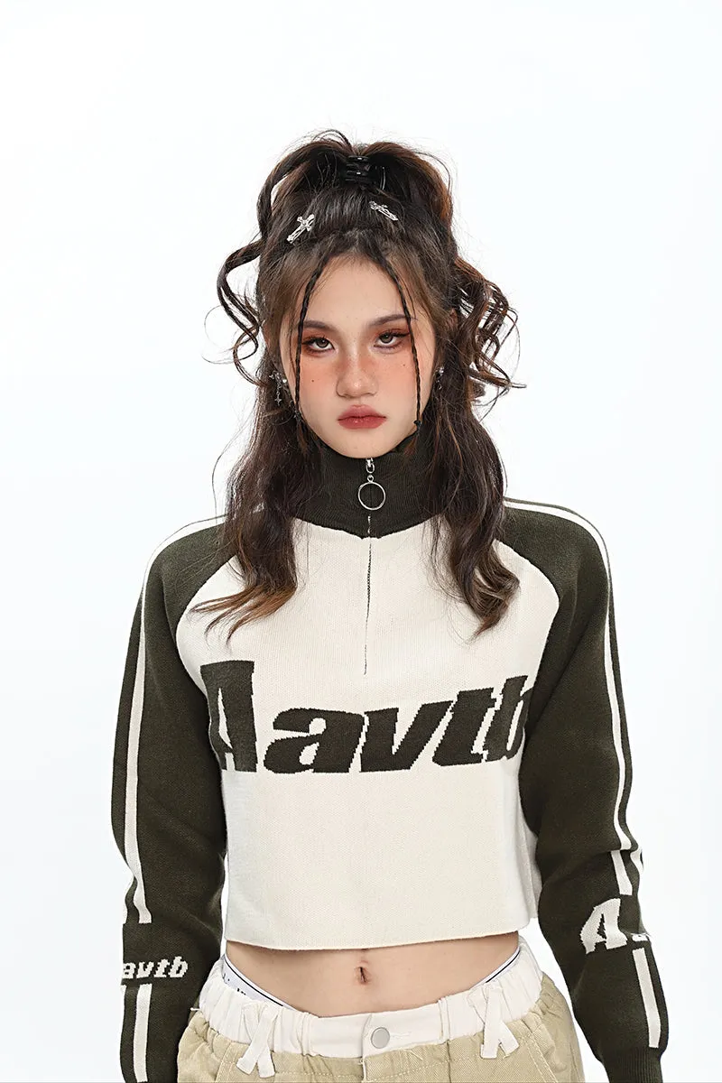 Aavtb Graphic Letter Long Sleeve Knitted Cropped Sweater Top