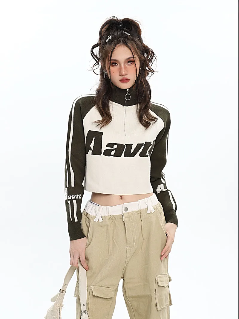 Aavtb Graphic Letter Long Sleeve Knitted Cropped Sweater Top