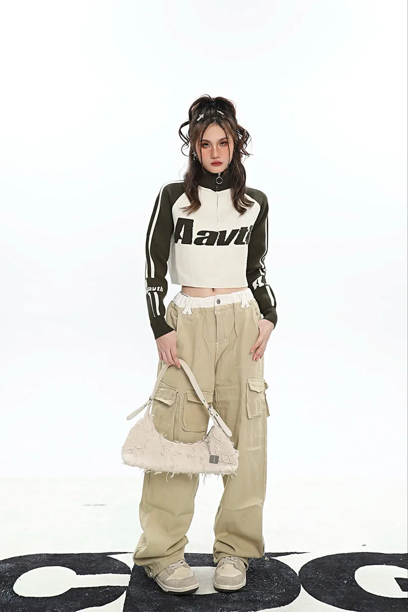 Aavtb Graphic Letter Long Sleeve Knitted Cropped Sweater Top