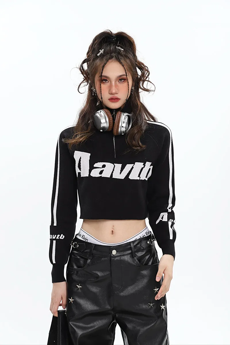 Aavtb Graphic Letter Long Sleeve Knitted Cropped Sweater Top