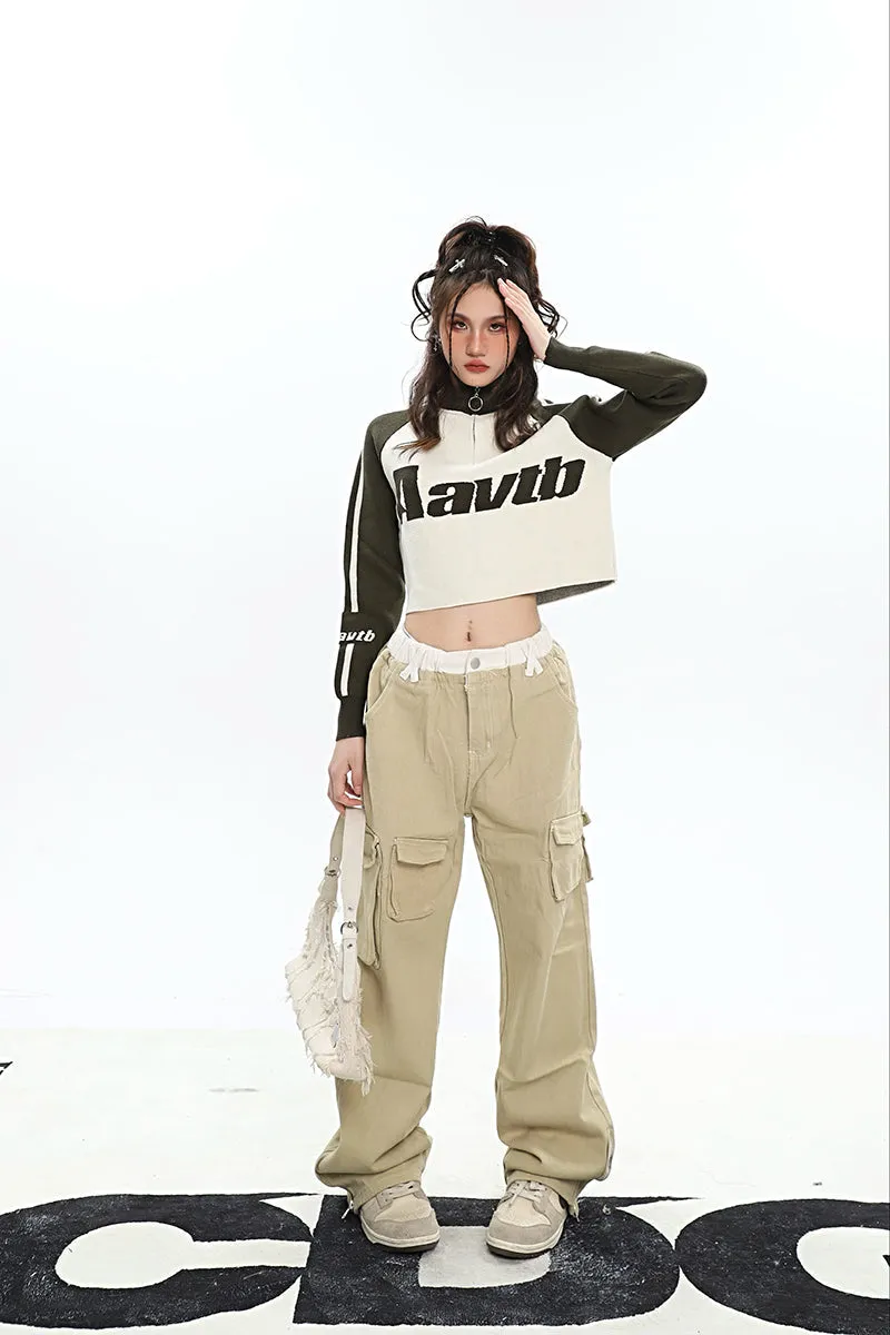 Aavtb Graphic Letter Long Sleeve Knitted Cropped Sweater Top