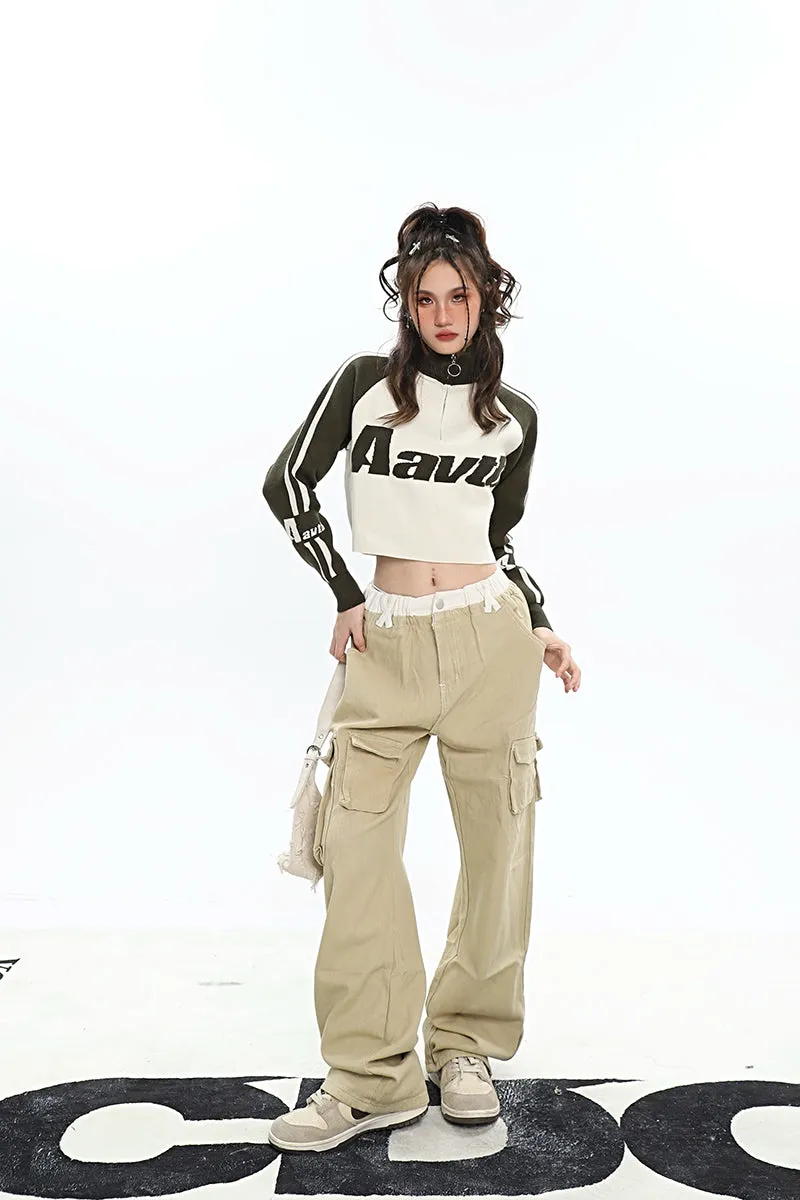 Aavtb Graphic Letter Long Sleeve Knitted Cropped Sweater Top