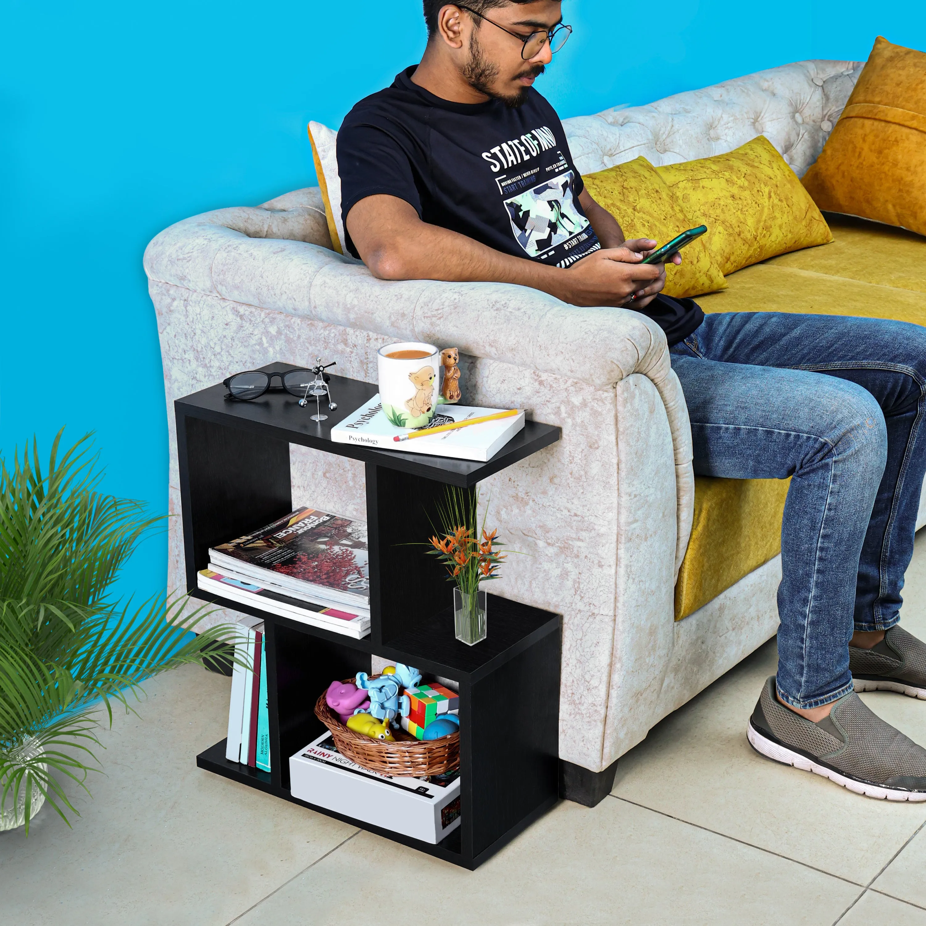 ABOUT SPACE Wooden Side Table - Wall Mounted Night Stand & End Table Organizer-S Shaped Storage Organiser (L 47 x B 20 x H 56 cm,Black)