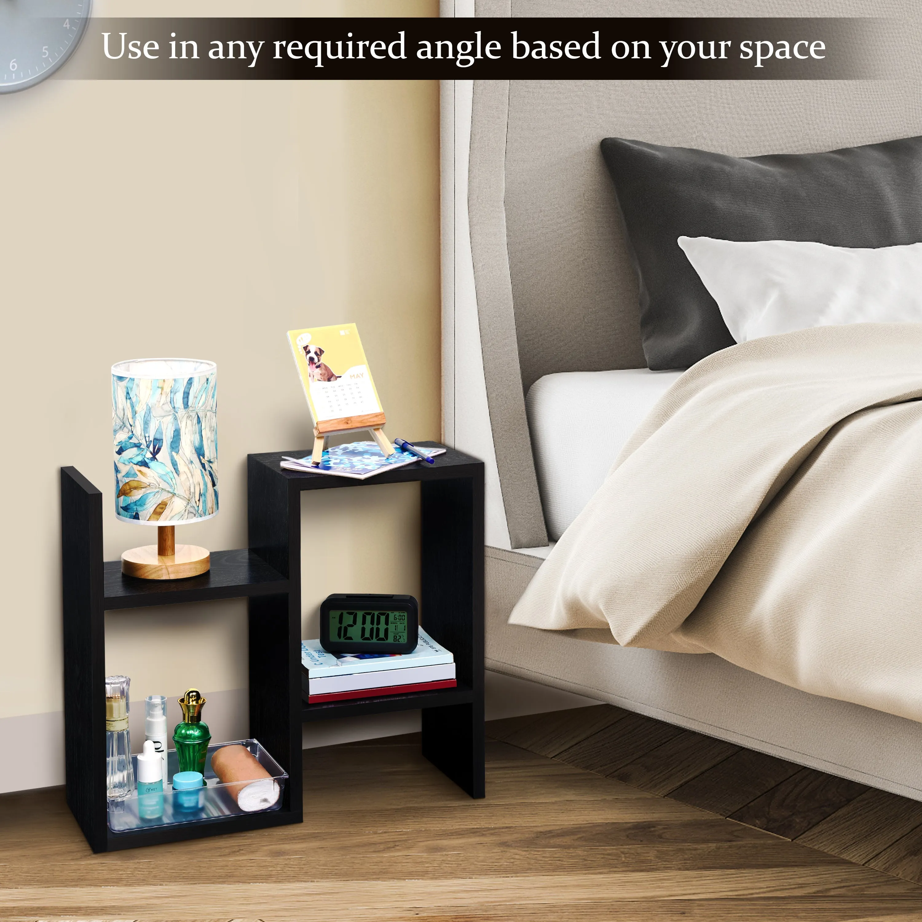 ABOUT SPACE Wooden Side Table - Wall Mounted Night Stand & End Table Organizer-S Shaped Storage Organiser (L 47 x B 20 x H 56 cm,Black)