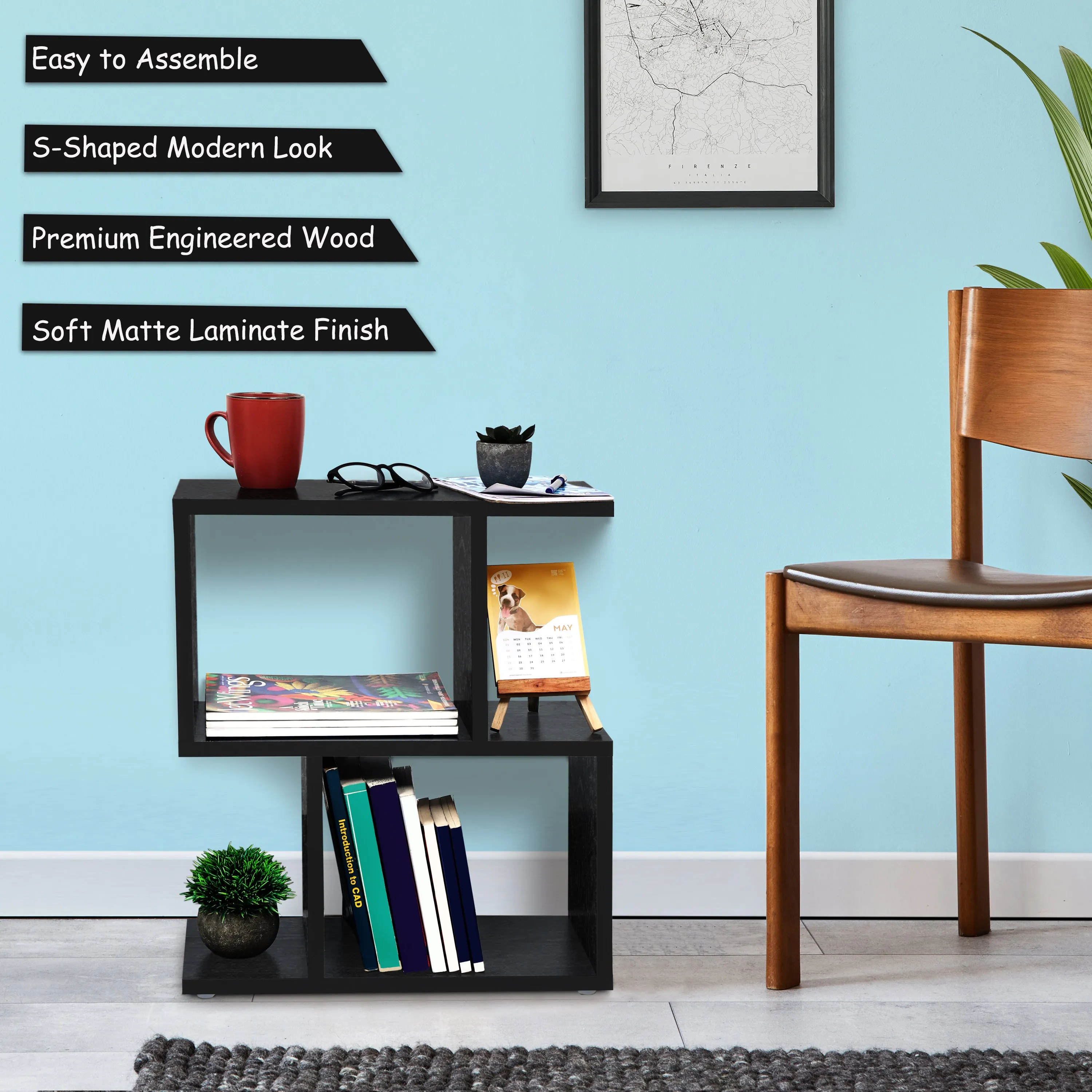 ABOUT SPACE Wooden Side Table - Wall Mounted Night Stand & End Table Organizer-S Shaped Storage Organiser (L 47 x B 20 x H 56 cm,Black)