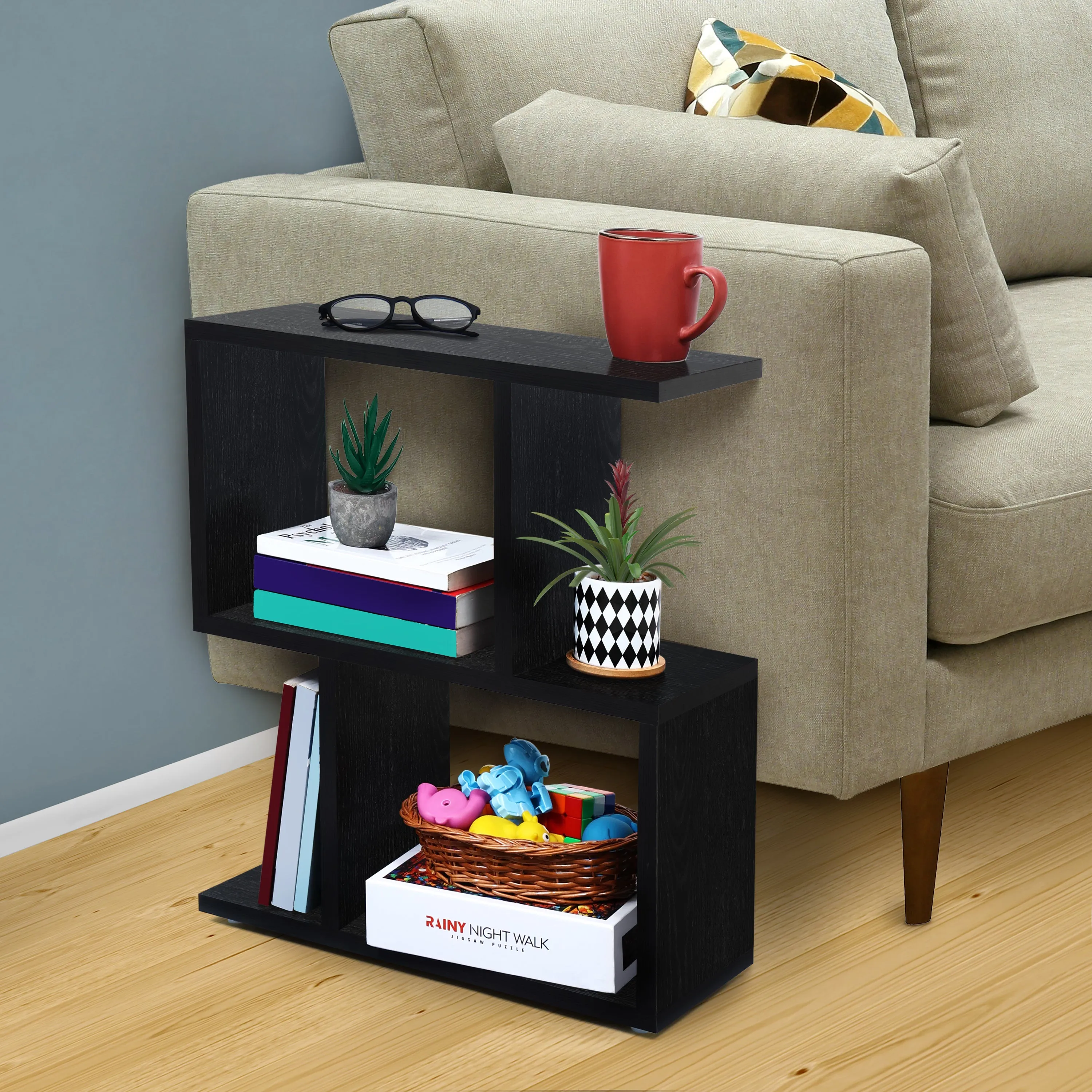 ABOUT SPACE Wooden Side Table - Wall Mounted Night Stand & End Table Organizer-S Shaped Storage Organiser (L 47 x B 20 x H 56 cm,Black)