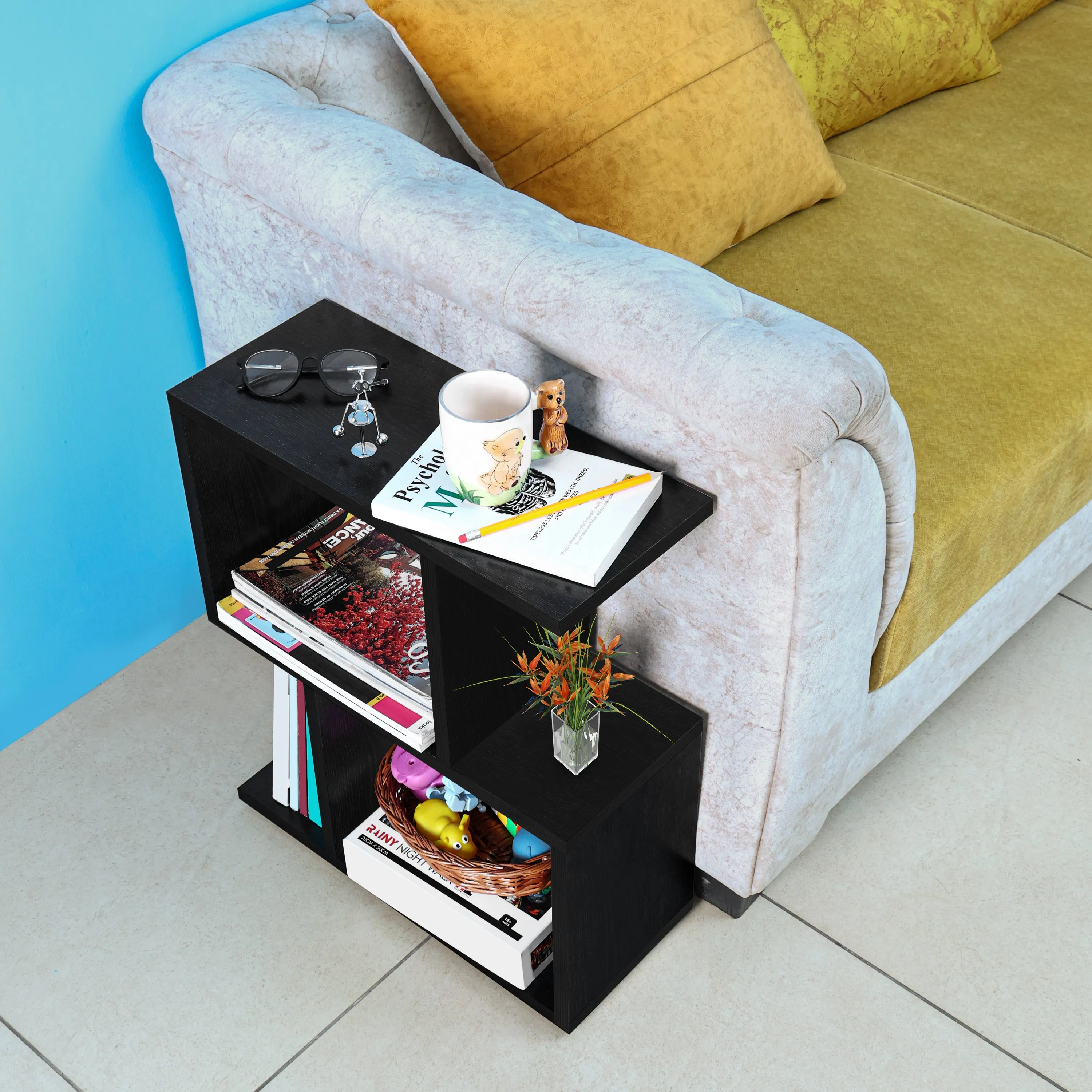 ABOUT SPACE Wooden Side Table - Wall Mounted Night Stand & End Table Organizer-S Shaped Storage Organiser (L 47 x B 20 x H 56 cm,Black)