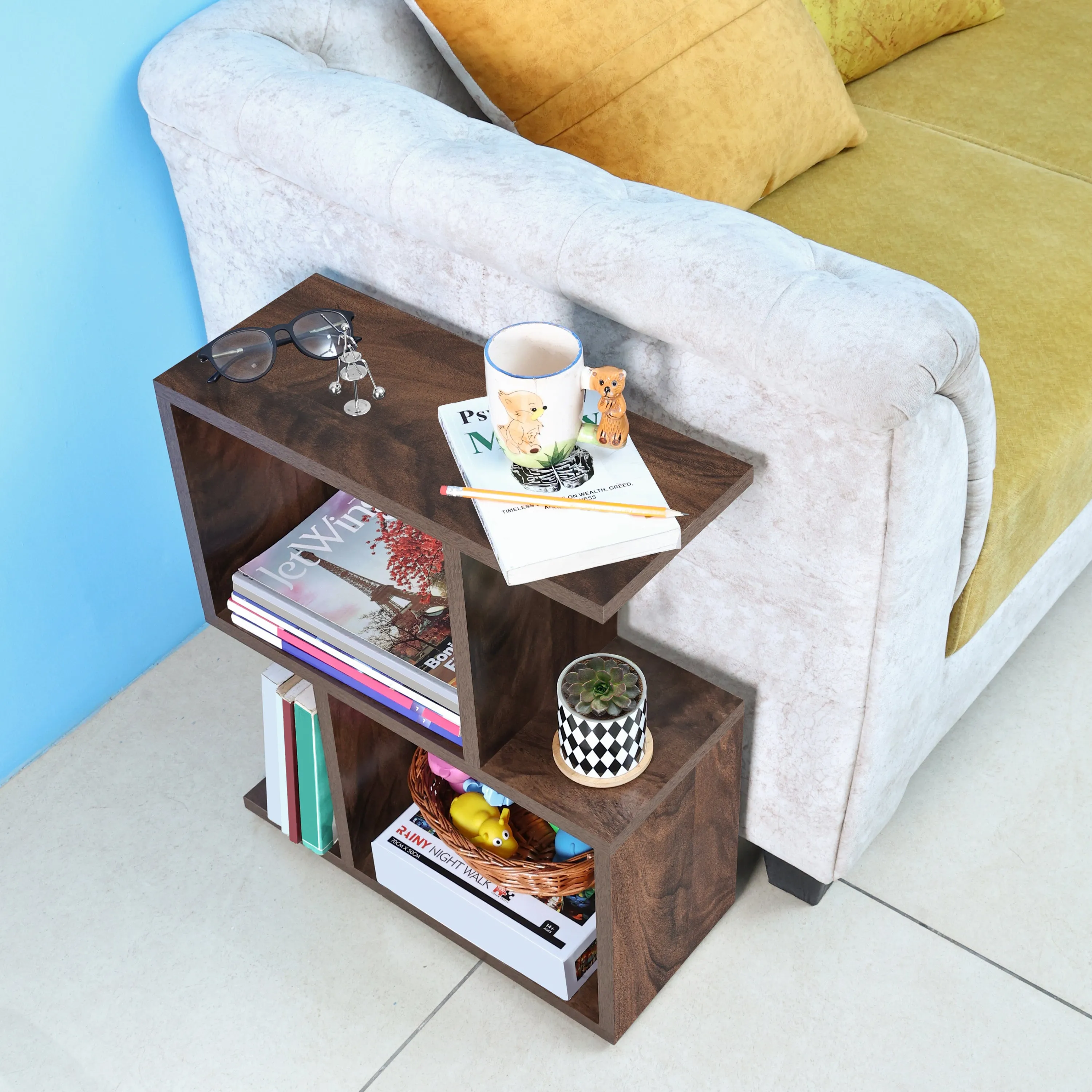 ABOUT SPACE Wooden Side Table - Wall Mounted Night Stand & End Table Organizer-S Shaped  Storage Organiser (L 47 x B 20 x H 56 cm,Brown)