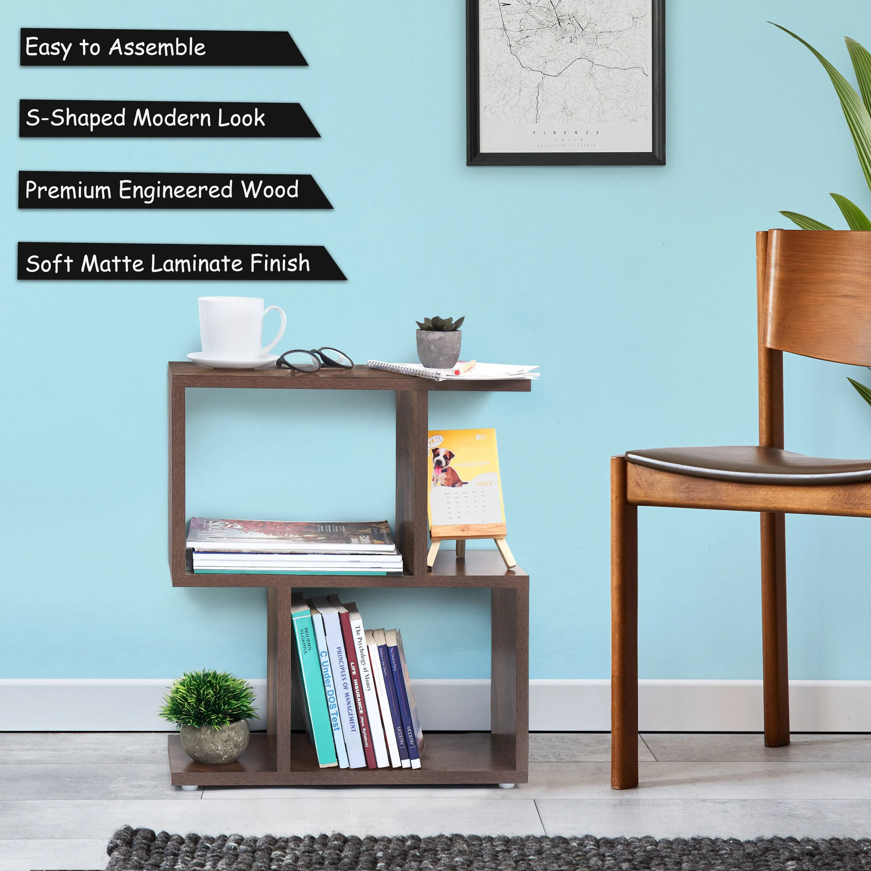 ABOUT SPACE Wooden Side Table - Wall Mounted Night Stand & End Table Organizer-S Shaped  Storage Organiser (L 47 x B 20 x H 56 cm,Brown)