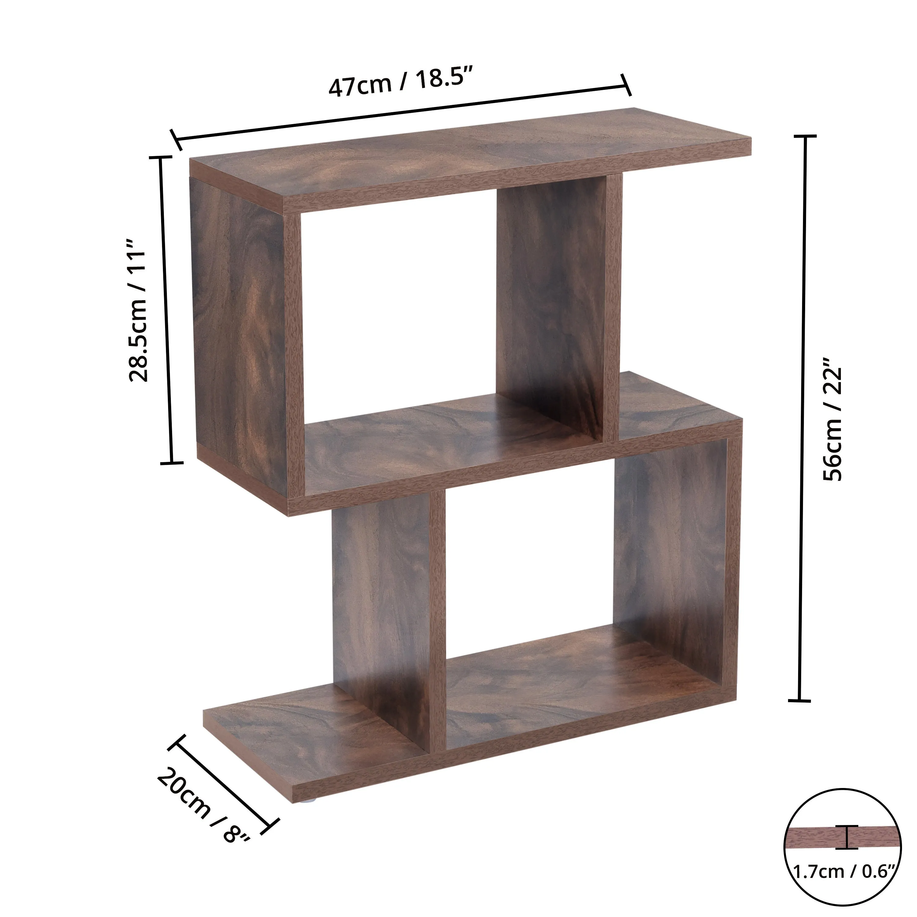 ABOUT SPACE Wooden Side Table - Wall Mounted Night Stand & End Table Organizer-S Shaped  Storage Organiser (L 47 x B 20 x H 56 cm,Brown)