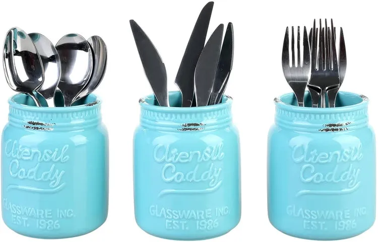 Aqua Ceramic Embossed Mason Jar Kitchen Utensil Flatware Caddy, Set of 3