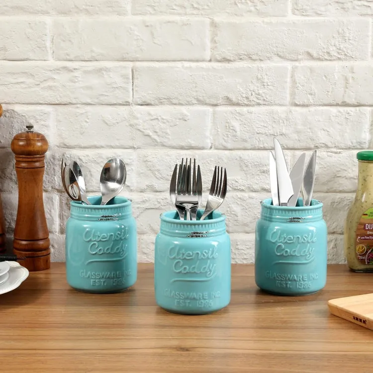 Aqua Ceramic Embossed Mason Jar Kitchen Utensil Flatware Caddy, Set of 3