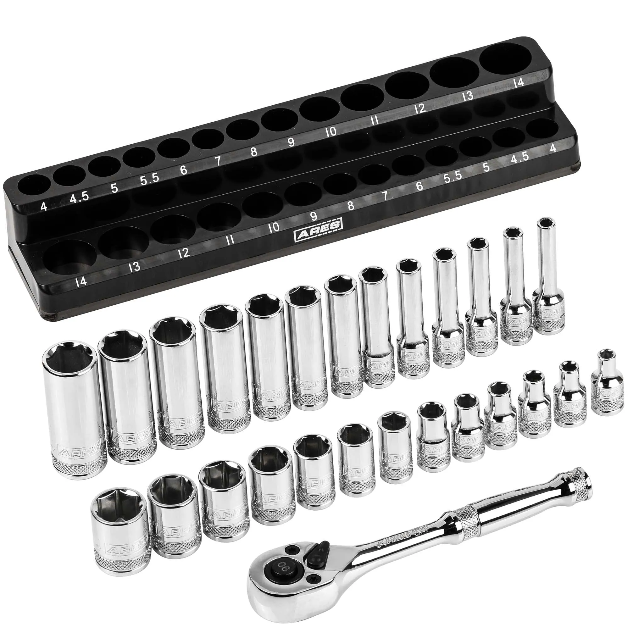 ARES 47003 - 28-Piece 1/4-inch Drive Metric Socket and 90-Tooth Ratchet Set with Magnetic Organizer