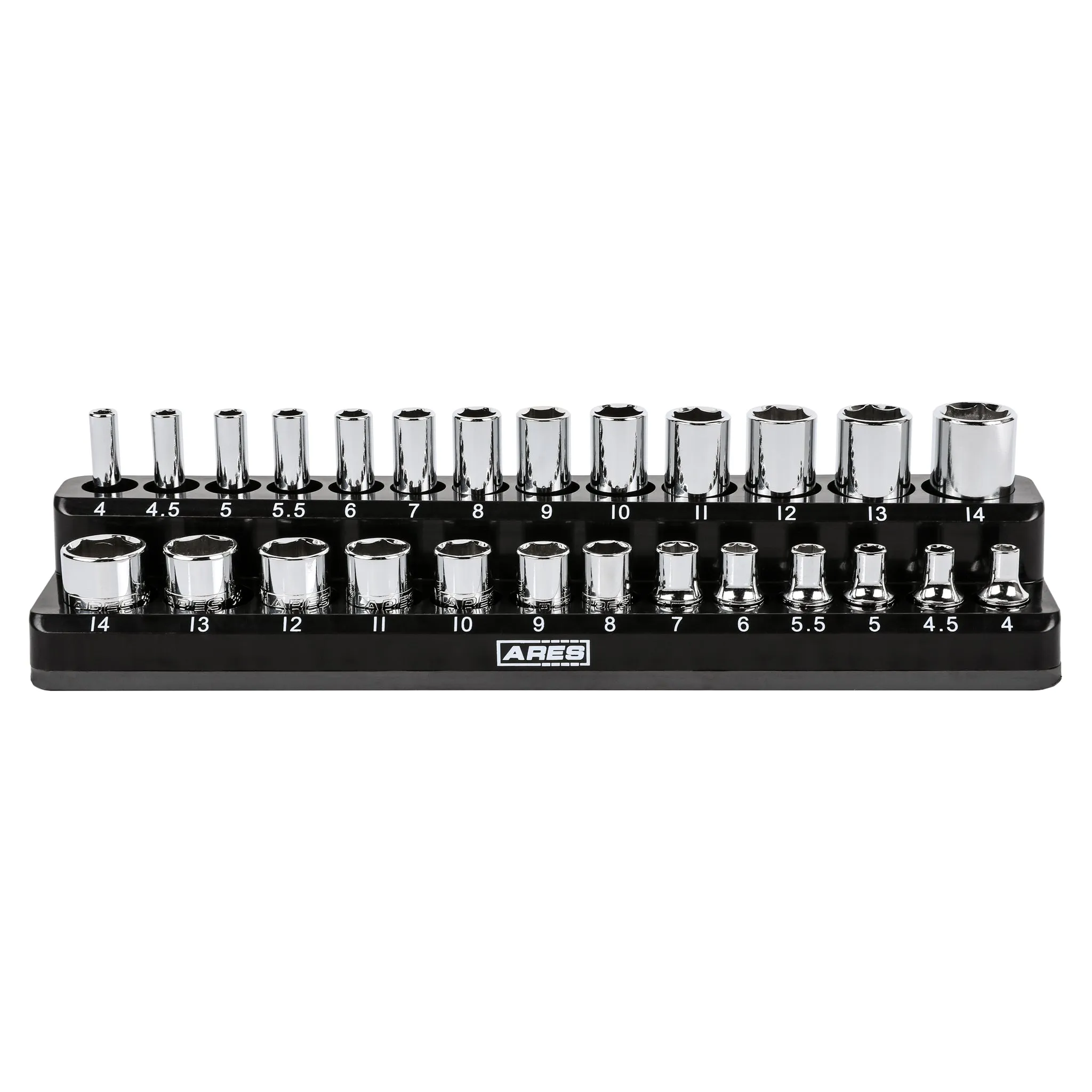 ARES 47003 - 28-Piece 1/4-inch Drive Metric Socket and 90-Tooth Ratchet Set with Magnetic Organizer