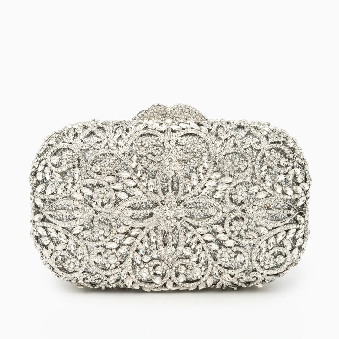 Athena Flower Rhinestones Clutch Bag - Silver