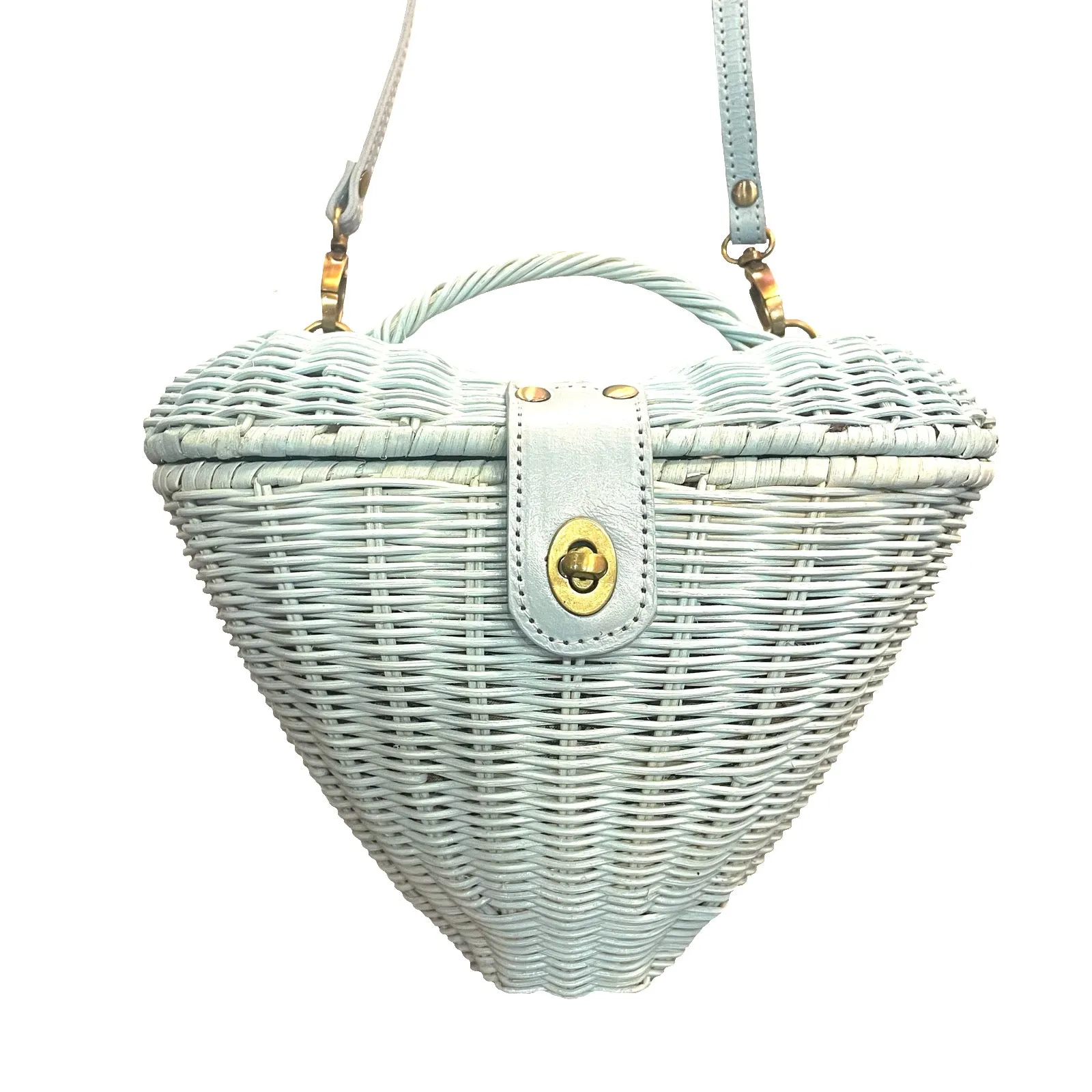 Baby Blue Heart Rattan Wicker Purse