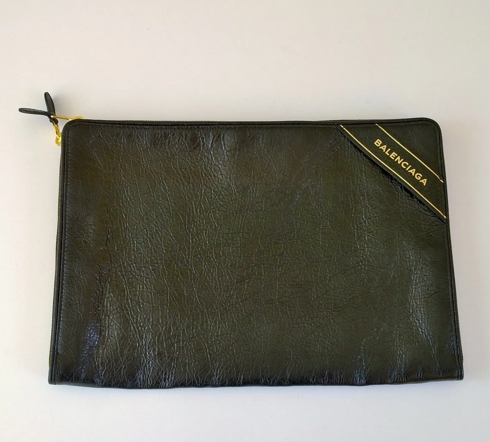 Balenciaga Black Leather Logo Pouch Computer Sleeve Clutch Bag