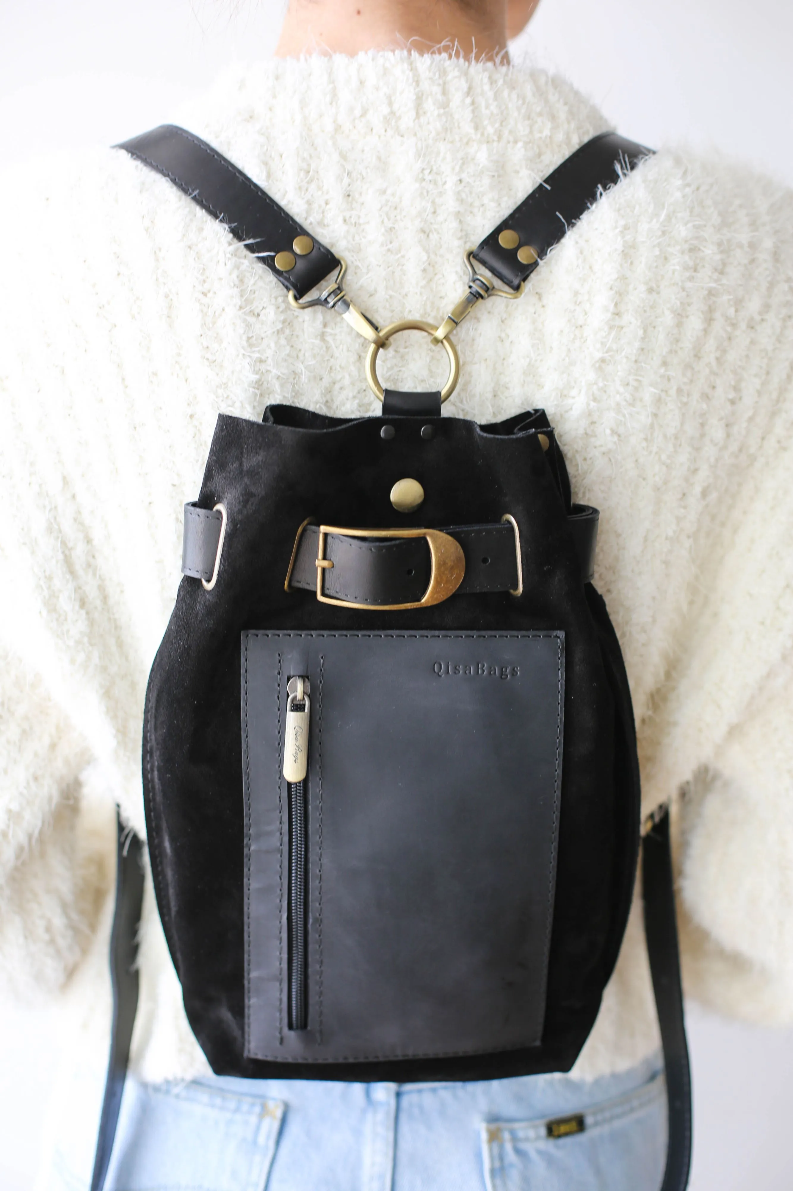 Black Suede Sling Backpack