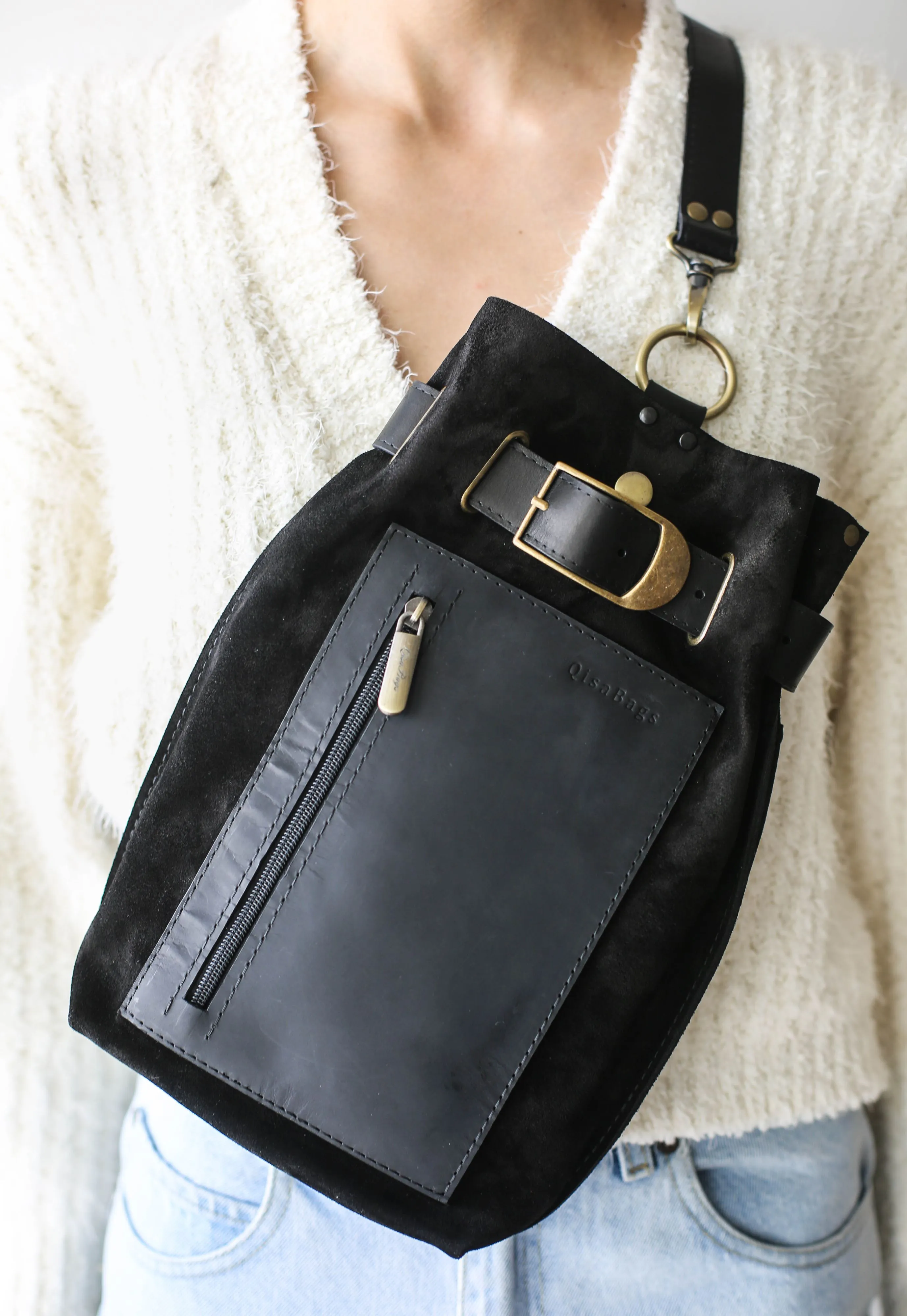 Black Suede Sling Backpack