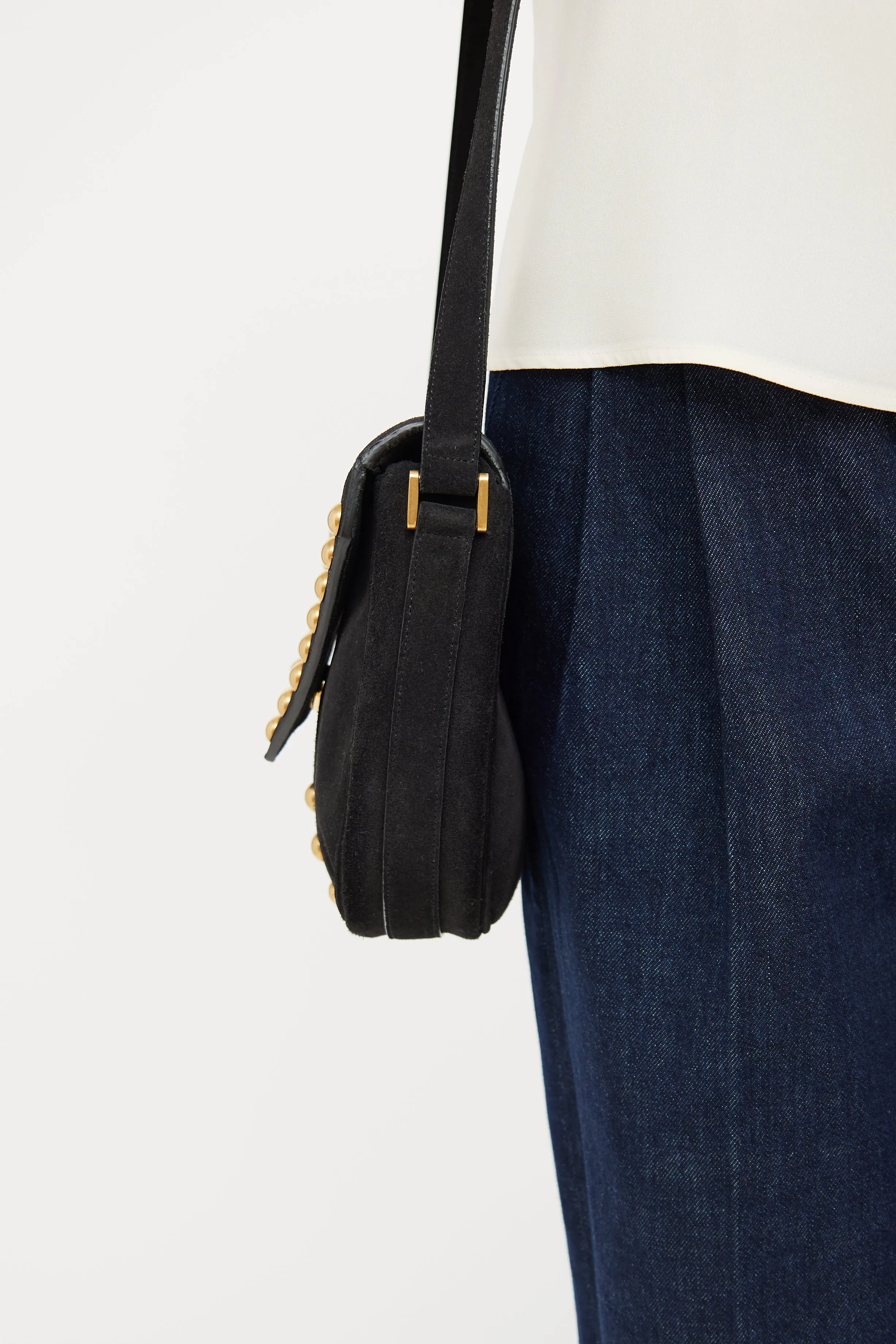 Black Suede Y Studded Crossbody Bag