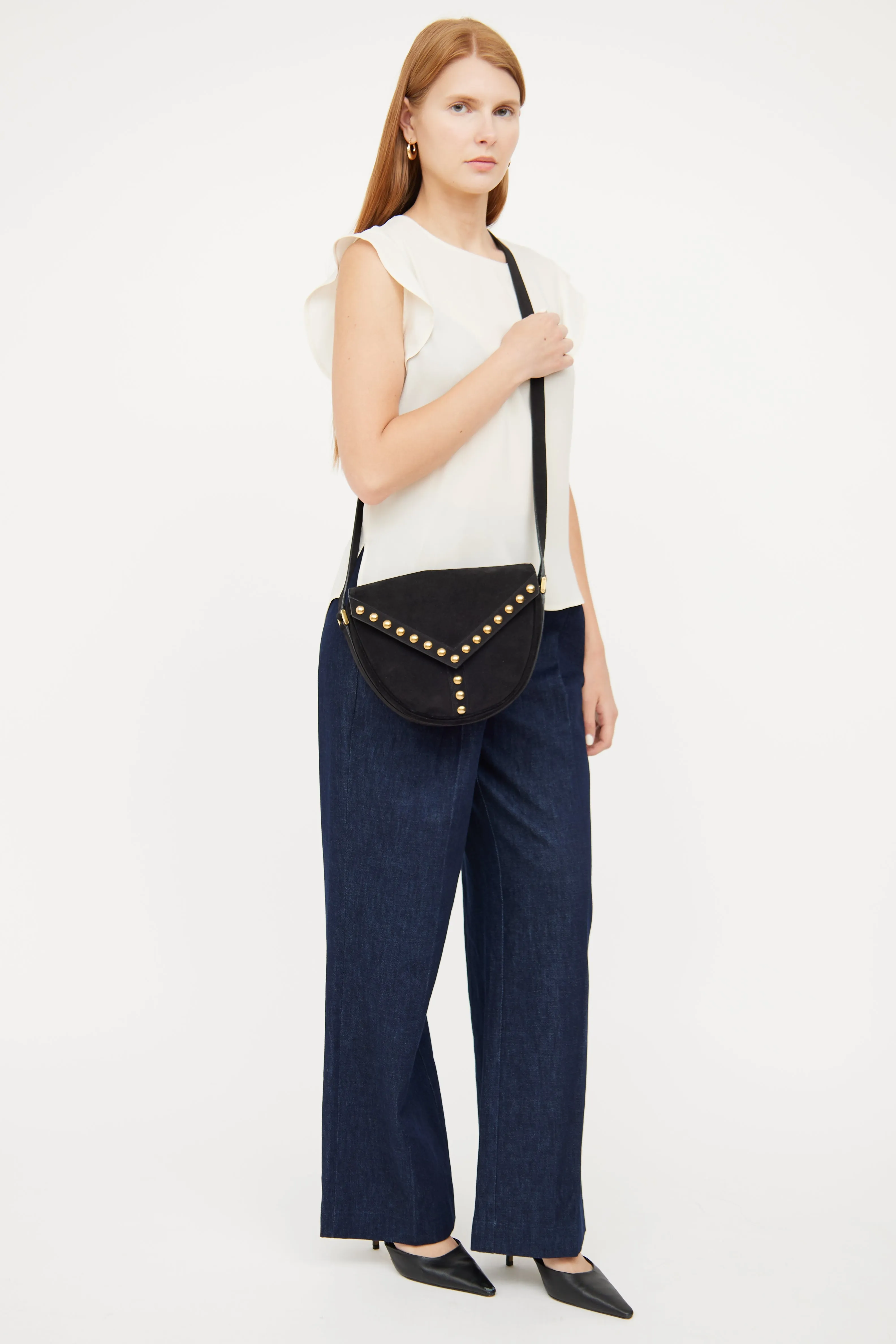 Black Suede Y Studded Crossbody Bag