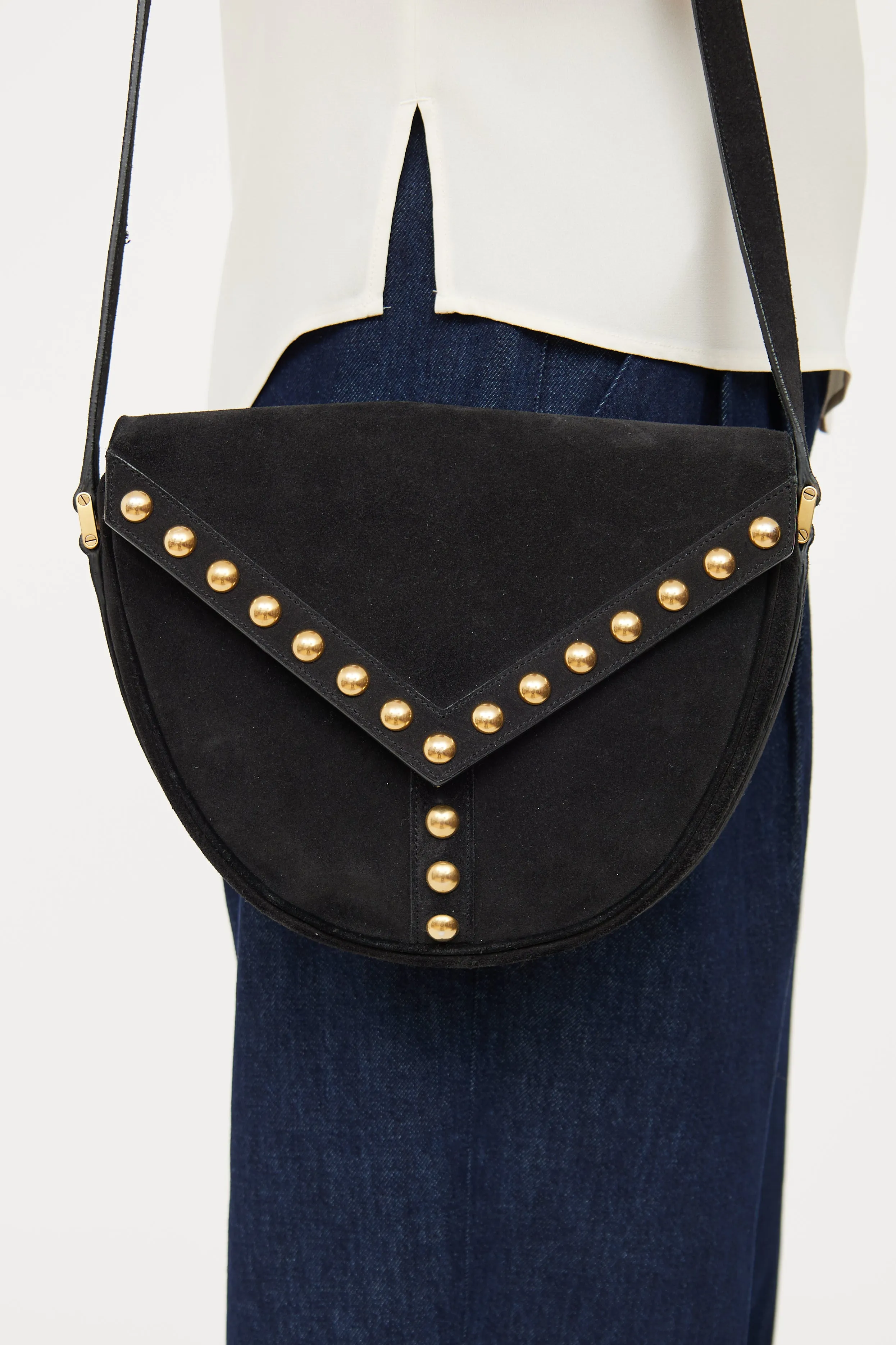 Black Suede Y Studded Crossbody Bag