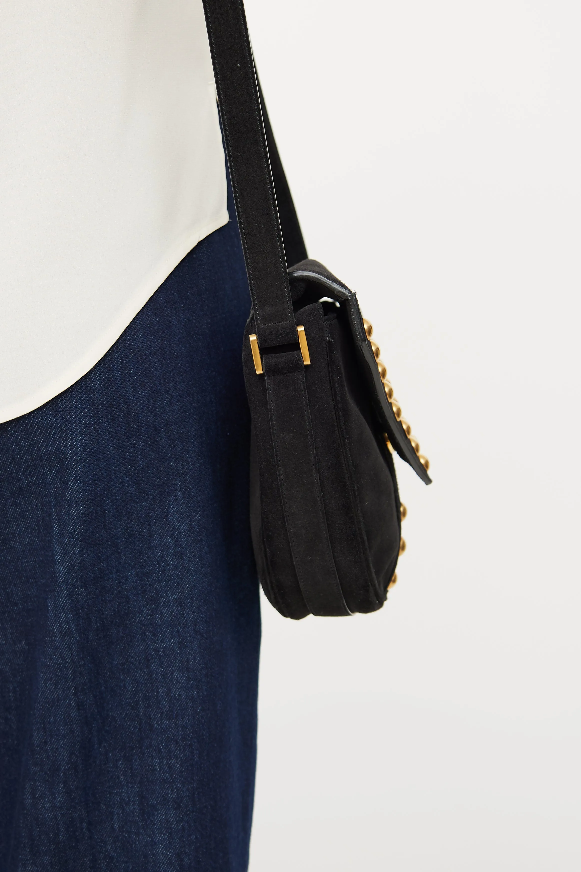 Black Suede Y Studded Crossbody Bag