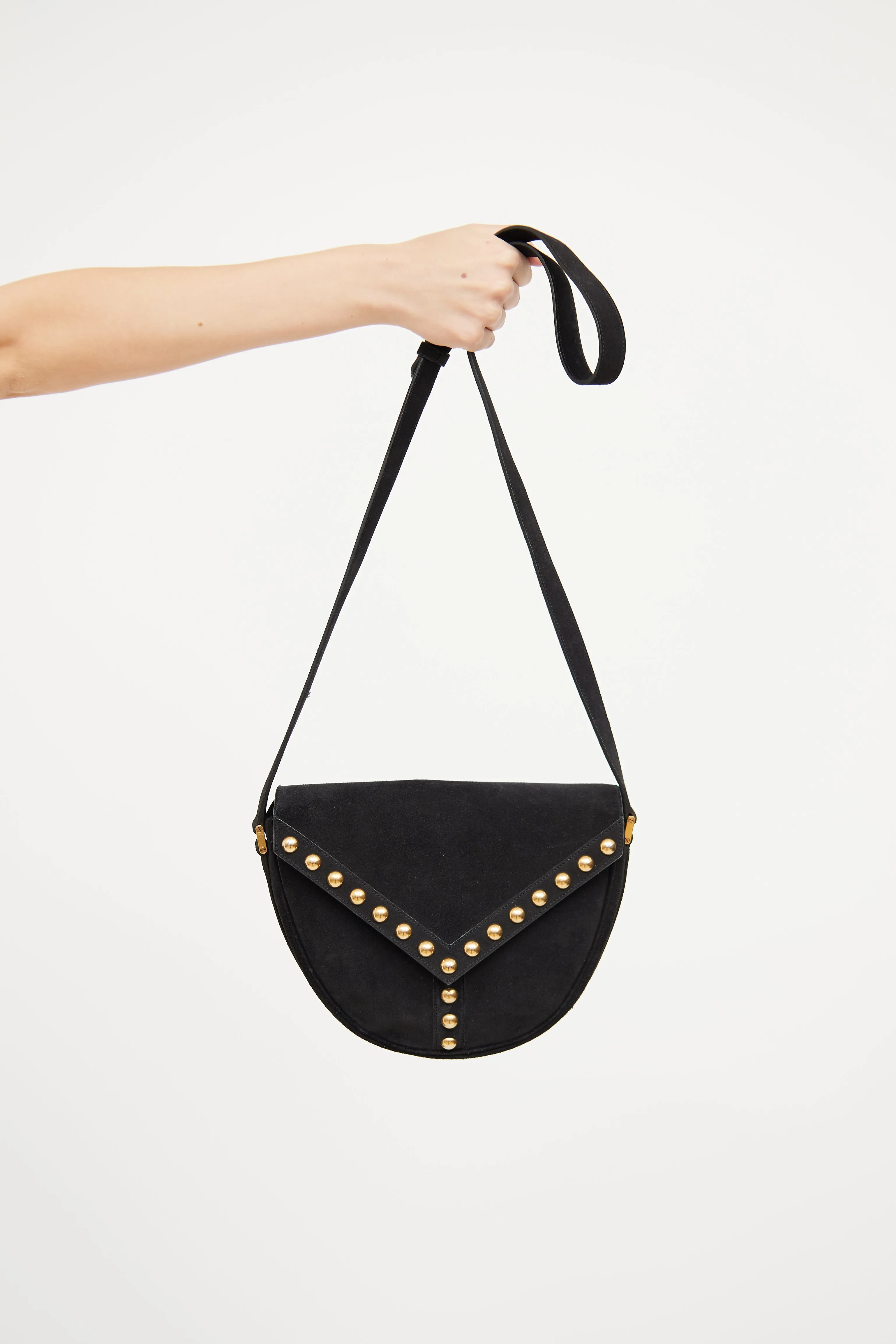 Black Suede Y Studded Crossbody Bag