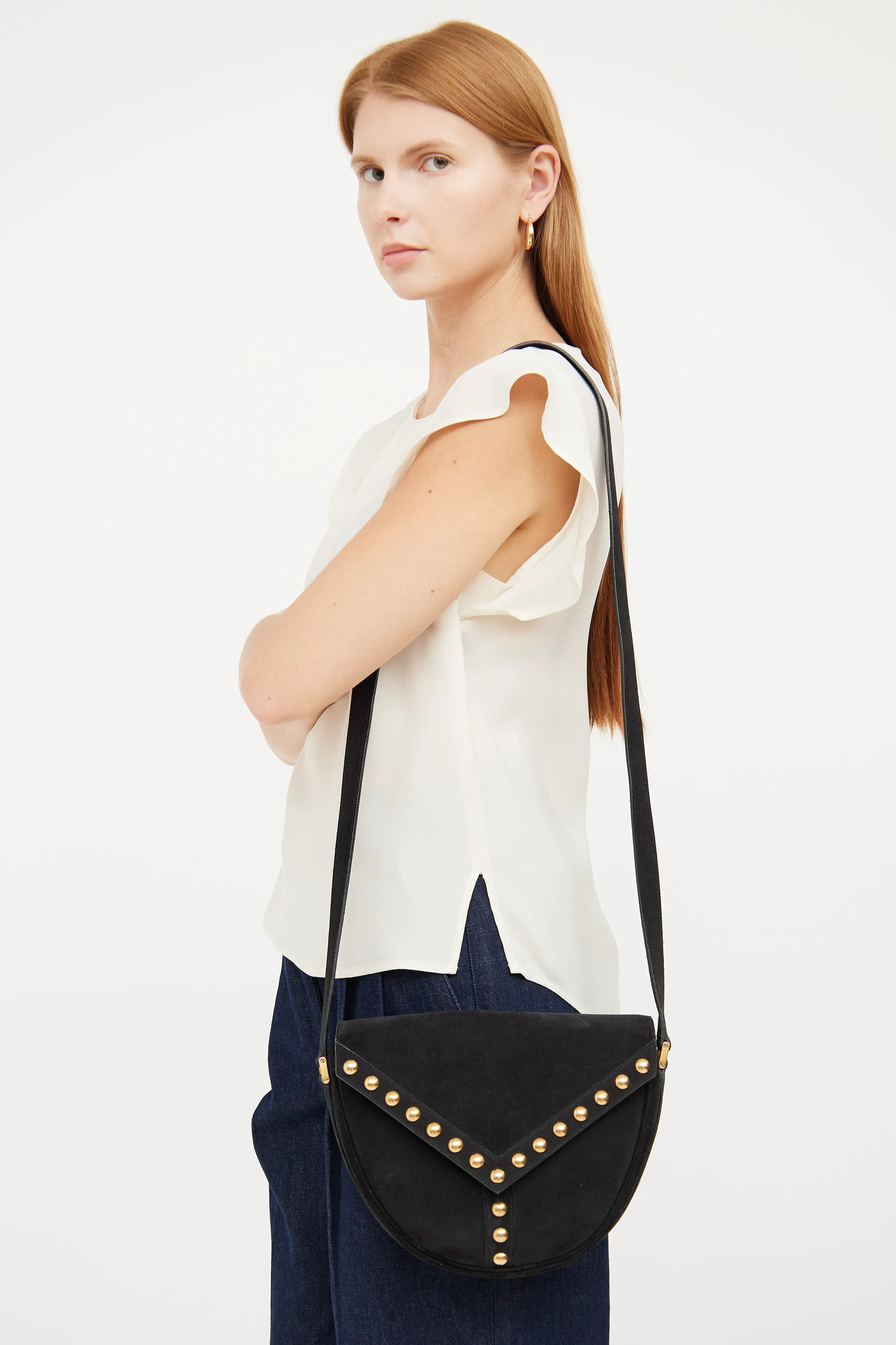 Black Suede Y Studded Crossbody Bag