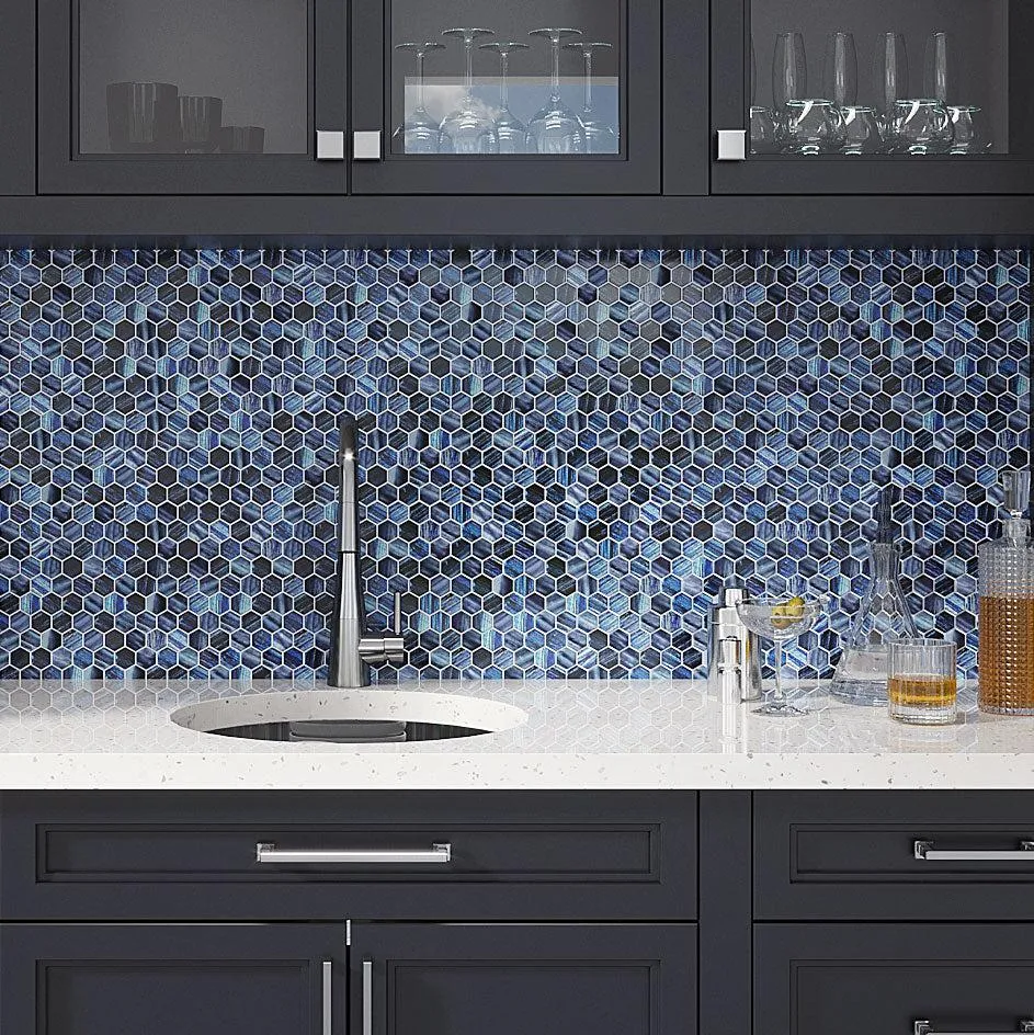 Blue Foil Glossy And Frosted Hexagon Mosaic Tile