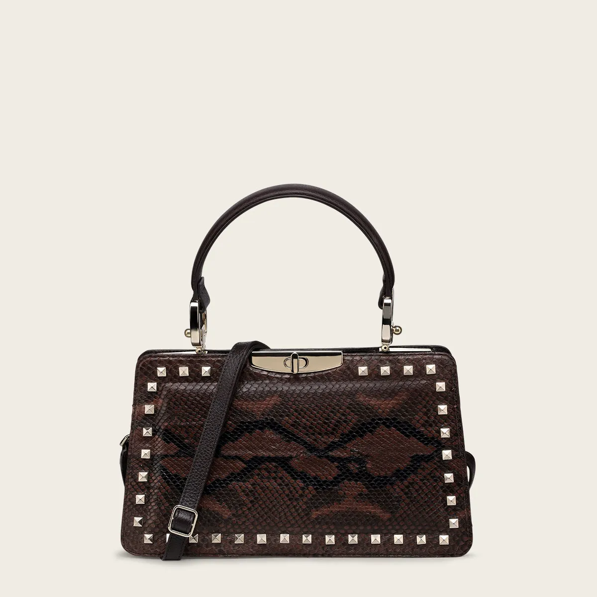 Brown python geometric top handle handbag