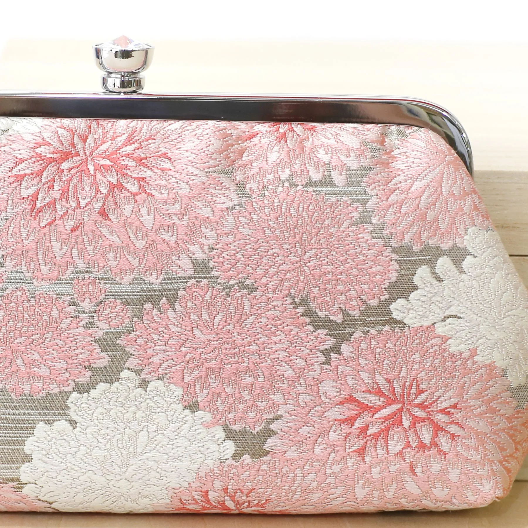 Chrysanthemum Kiku Kimono Clutch in Pink and Silver | Upcycled from vintage Japanese Kimono Obi