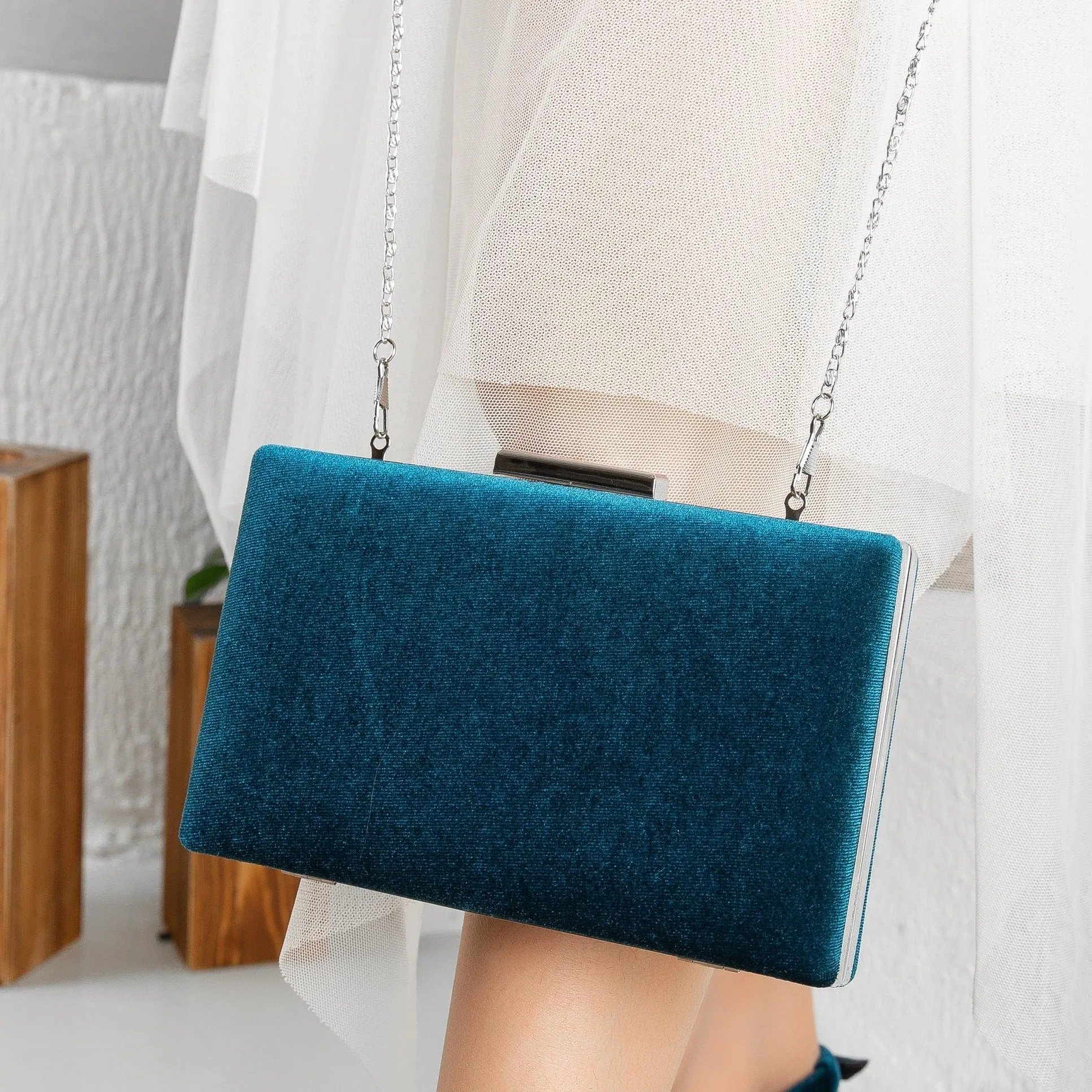 Clara - Teal Blue Velvet Clutch