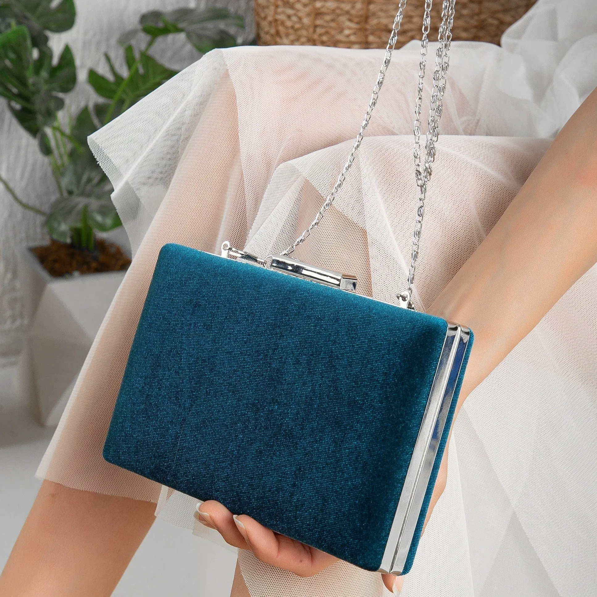 Clara - Teal Blue Velvet Clutch