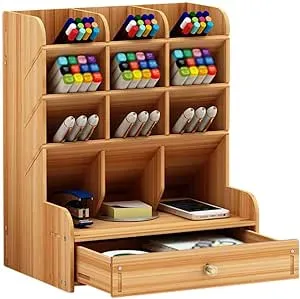 Classic Wooden Stationery Organizer - 12 Grid With Draw