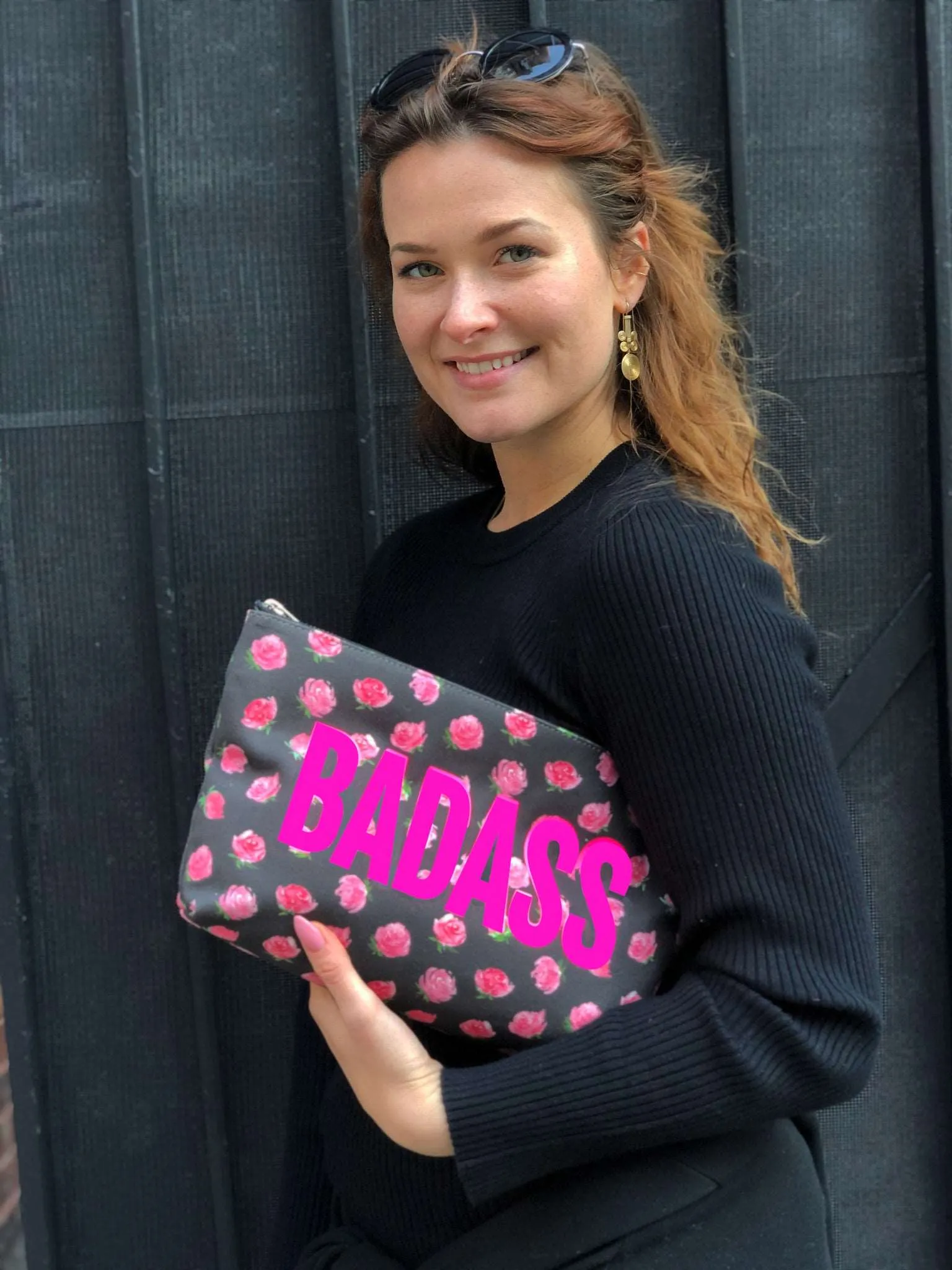 Clutch Bag: Black Floral with Neon Pink BADASS