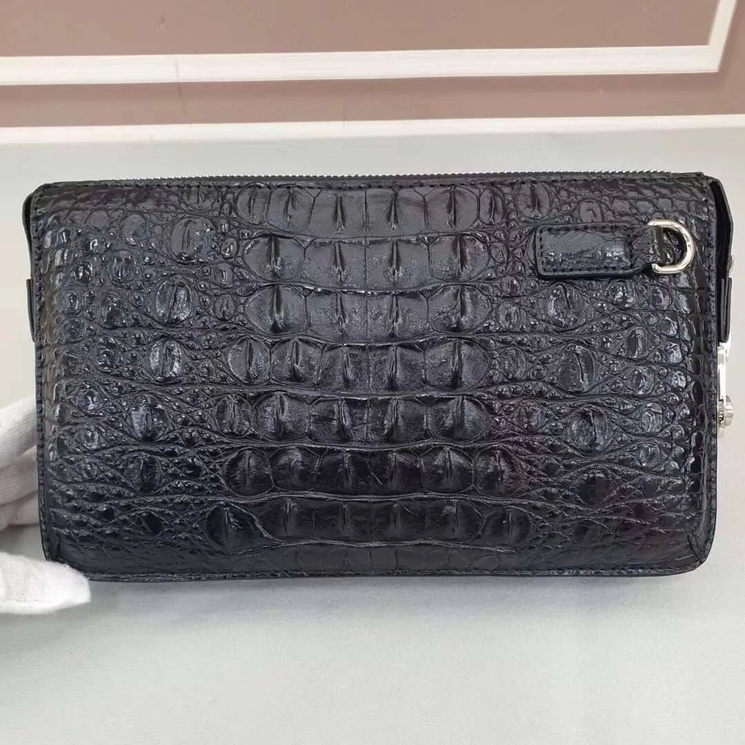 Crocodile  Bone  Leather  Clutch Bag With Band String Black