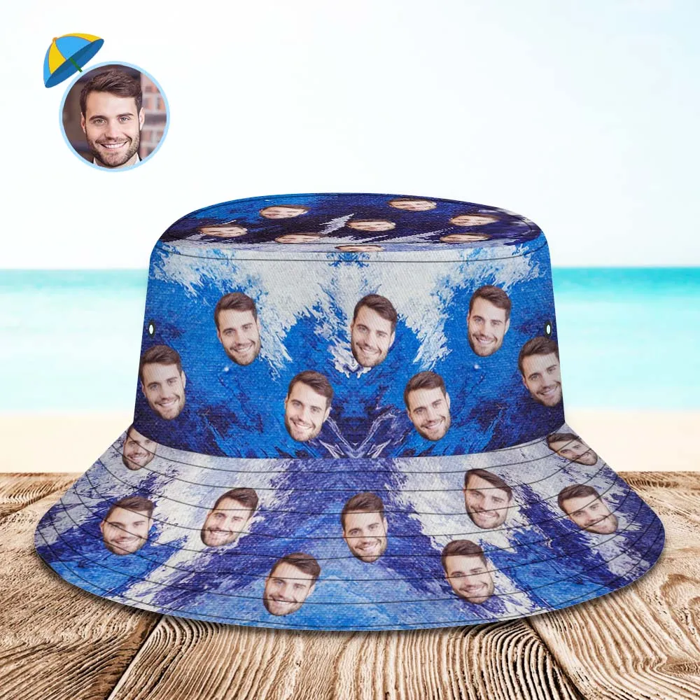 Custom Face Bucket Hat Unisex Personalised Photo Wide Brim Outdoor Summer Hats Blue and White Oil Painting Style