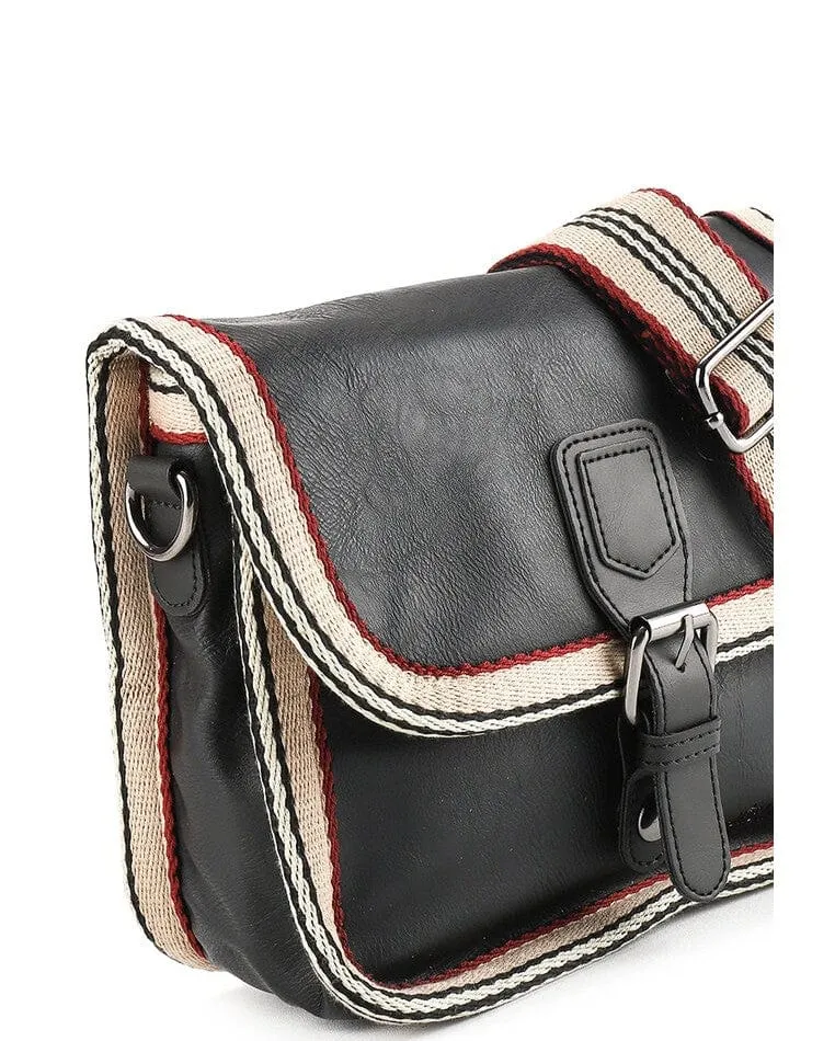 Distressed Leather Buckle Trim Crossbody Bag - Black