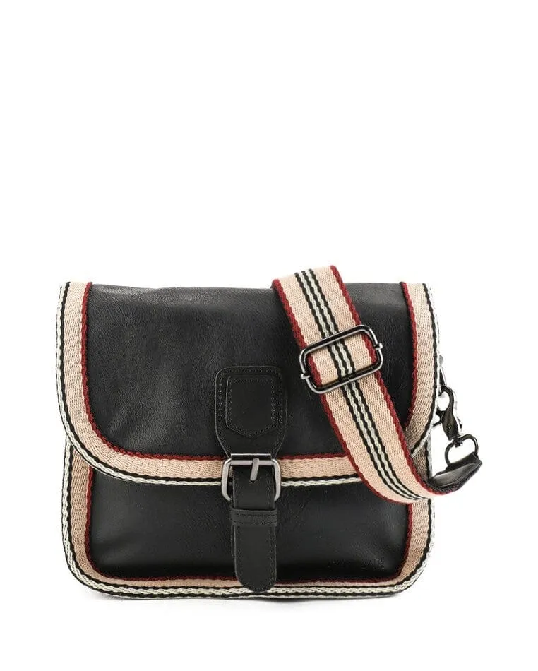 Distressed Leather Buckle Trim Crossbody Bag - Black