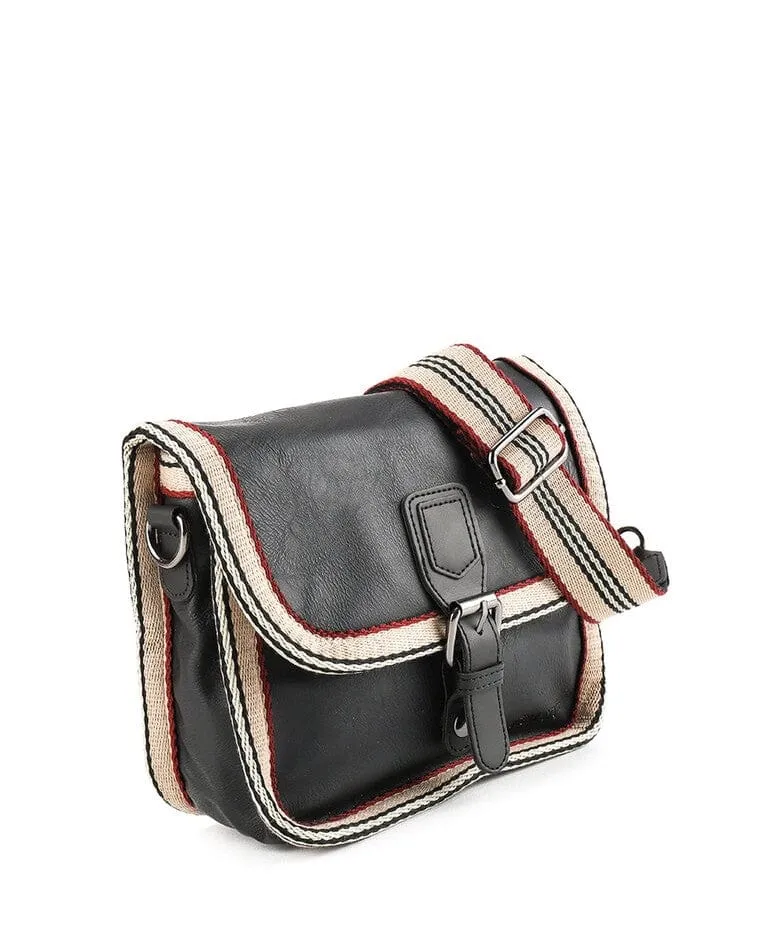 Distressed Leather Buckle Trim Crossbody Bag - Black